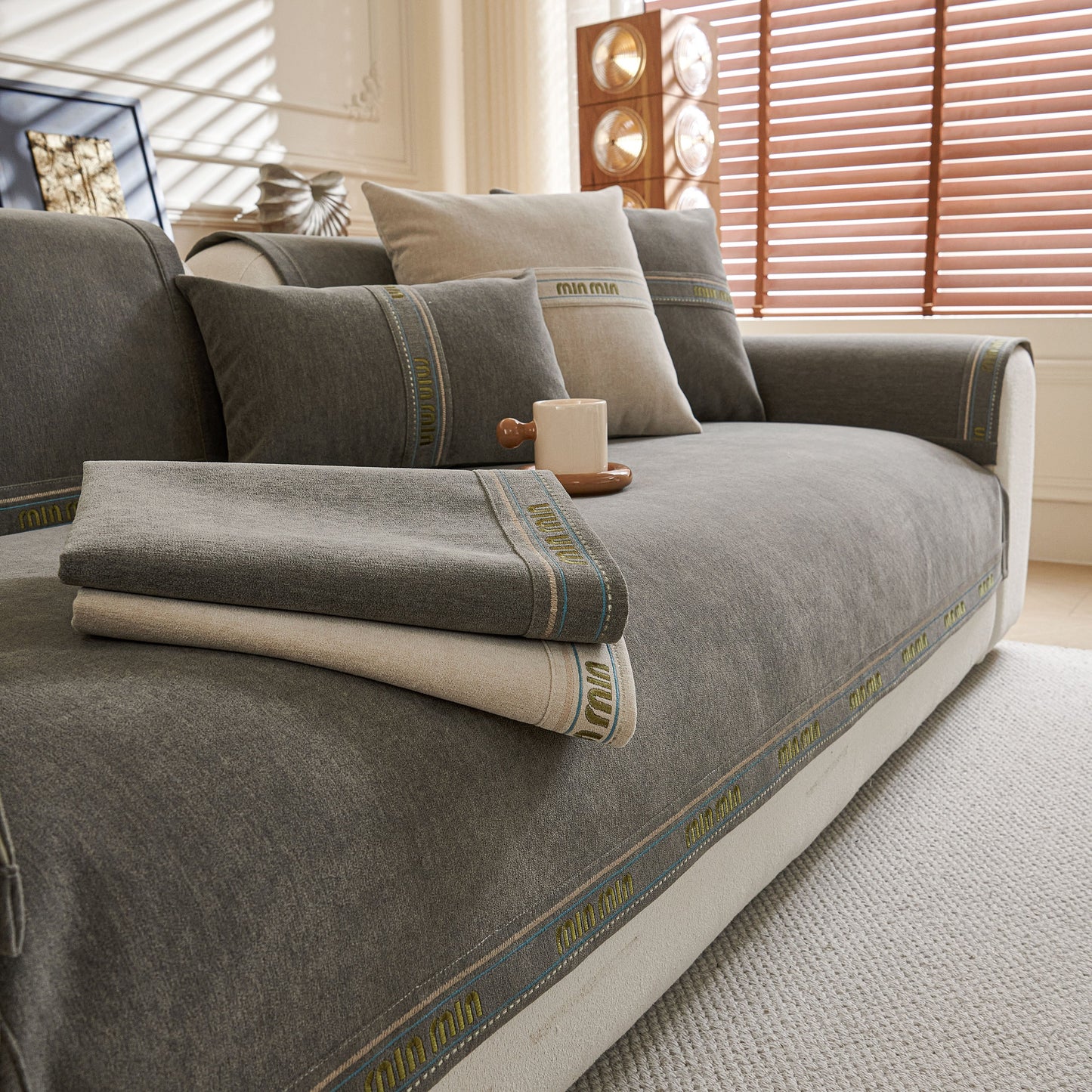 Chenille Sofa Cover Pet Mat, Non-Slip Couch Protector for Sectional & L-Shaped Sofas in a stylish living room setting.