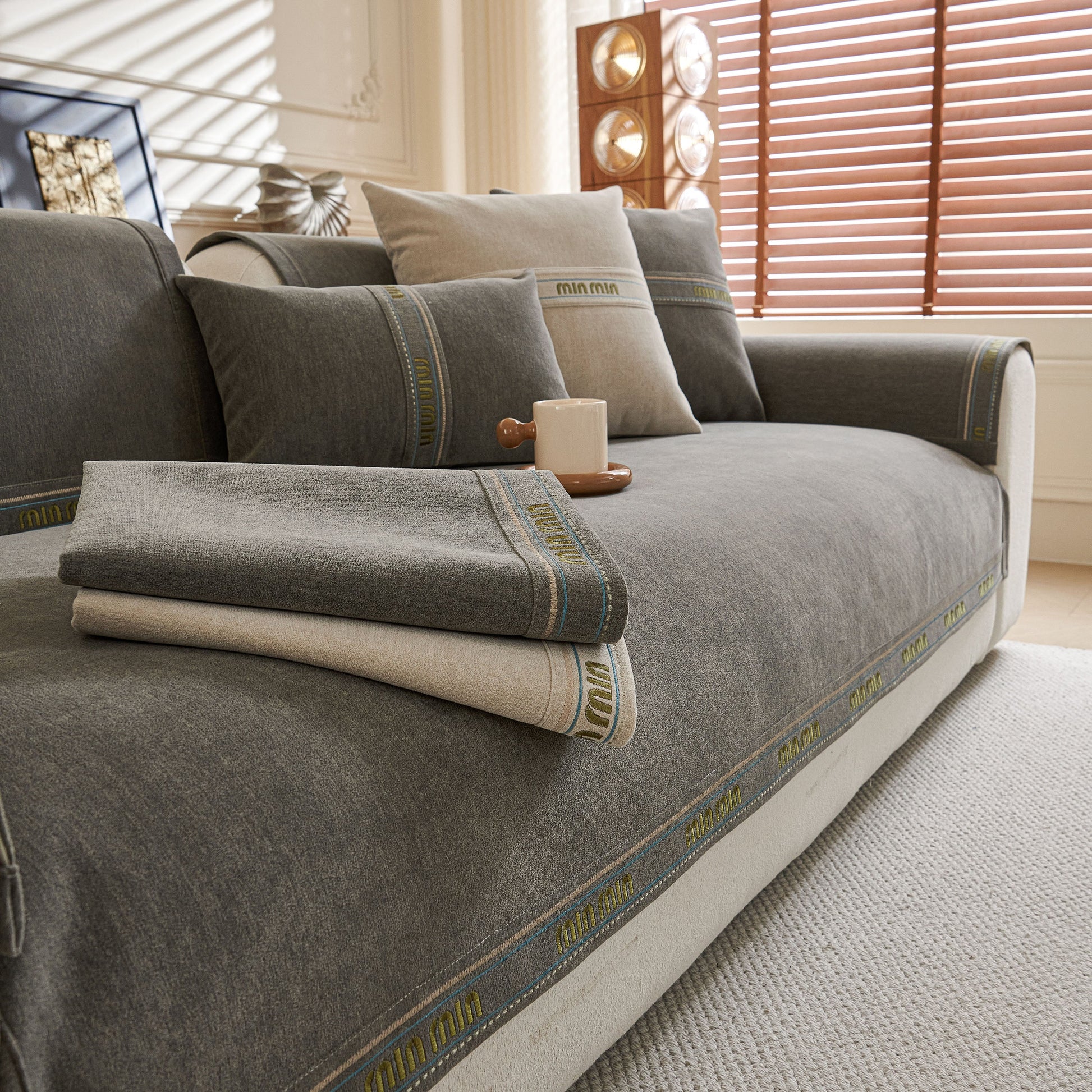 Chenille Sofa Cover Pet Mat, Non-Slip Couch Protector for Sectional & L-Shaped Sofas in a stylish living room setting.