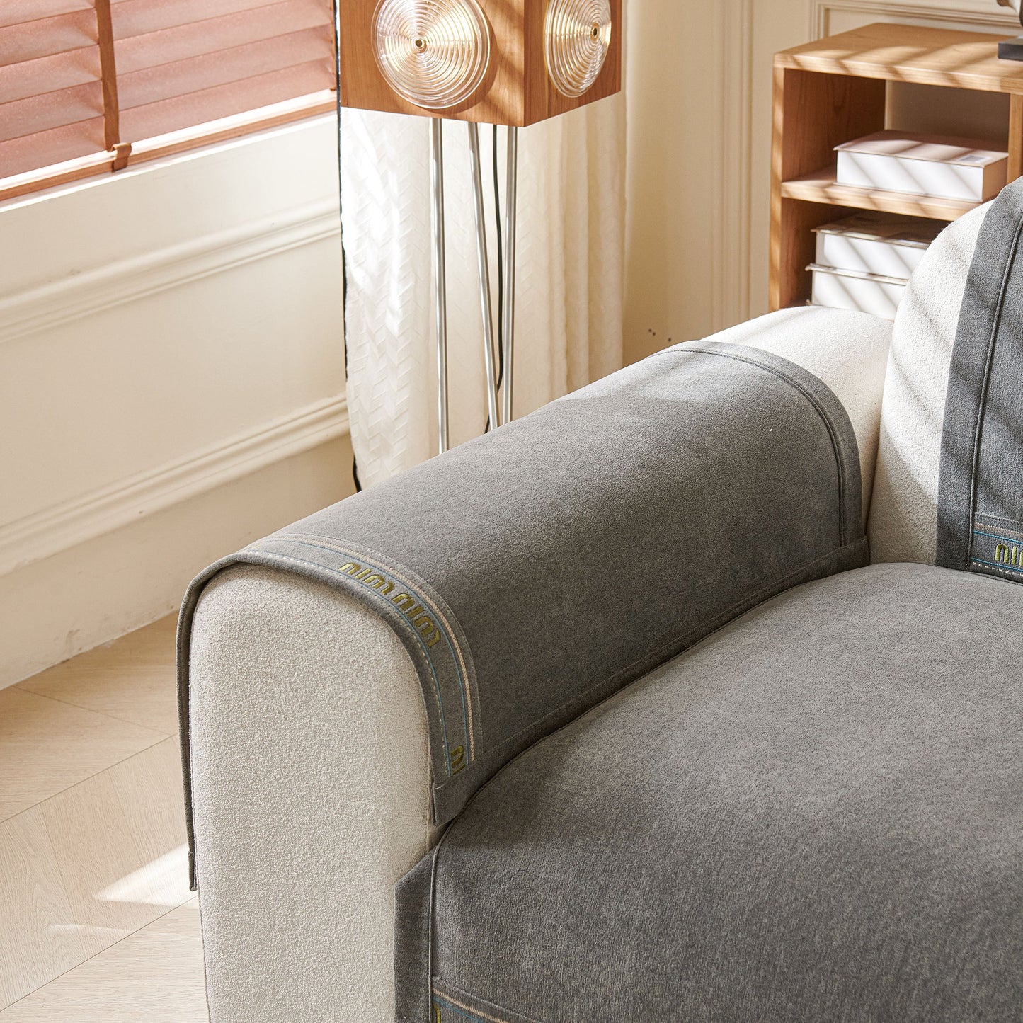 Chenille Sofa Cover Pet Mat, Non-Slip Couch Protector for Sectional & L-Shaped Sofas in grey on armrest.