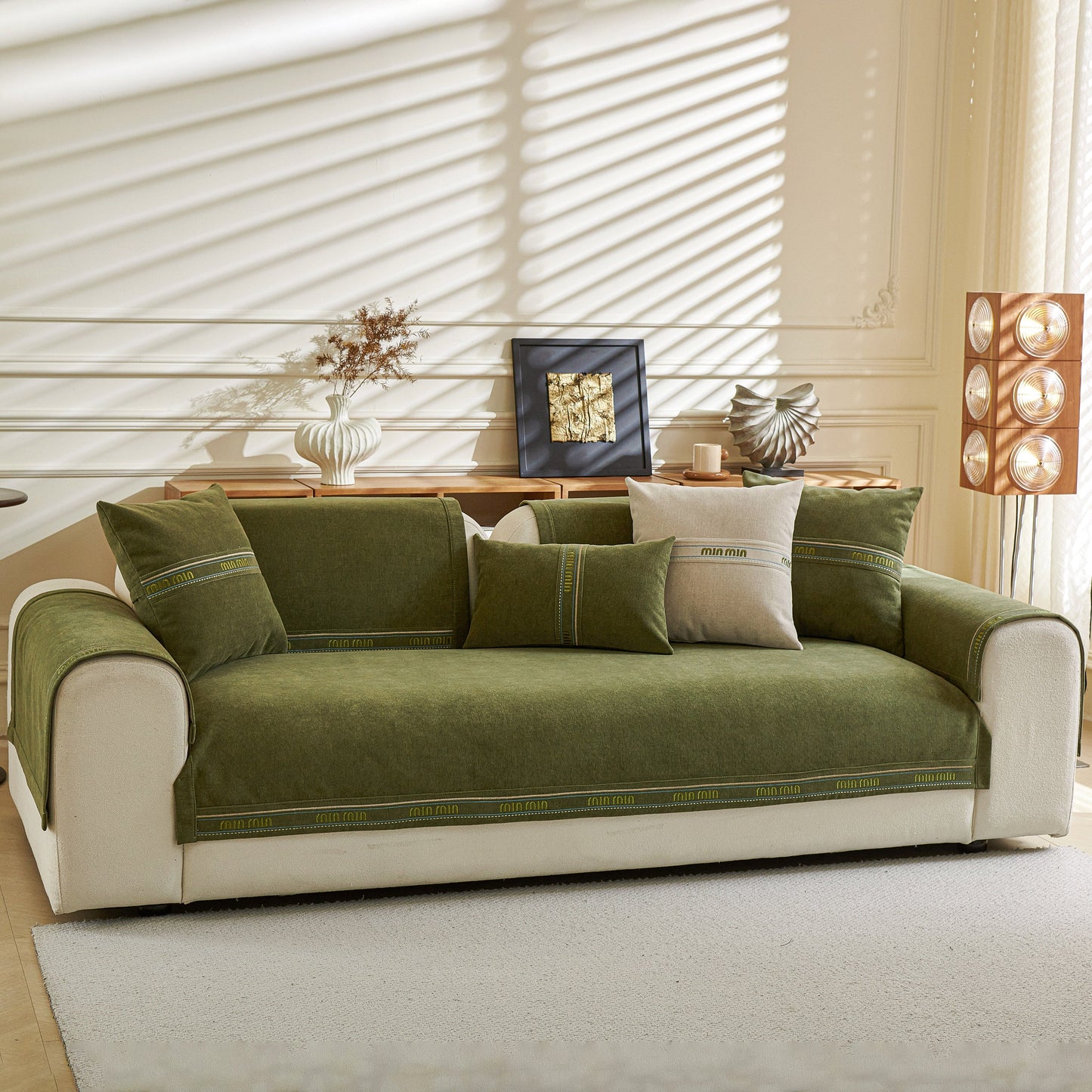 Chenille Sofa Cover Pet Mat, Non-Slip Couch Protector for Sectional & L-Shaped Sofas in a cozy living room setting