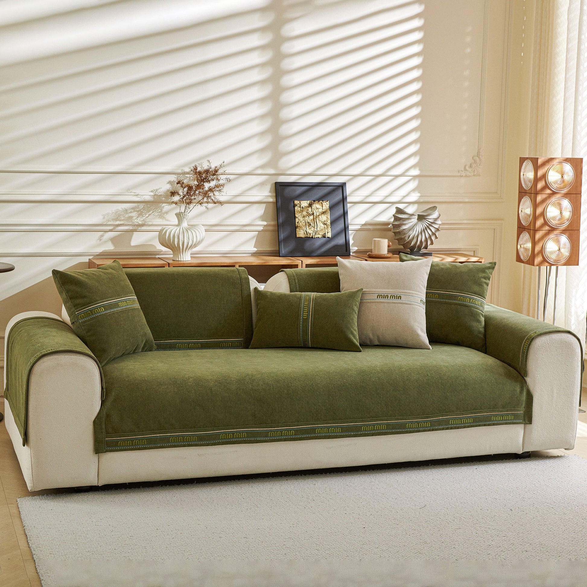 Chenille Sofa Cover Pet Mat, Non-Slip Couch Protector for Sectional & L-Shaped Sofas in a cozy living room setting