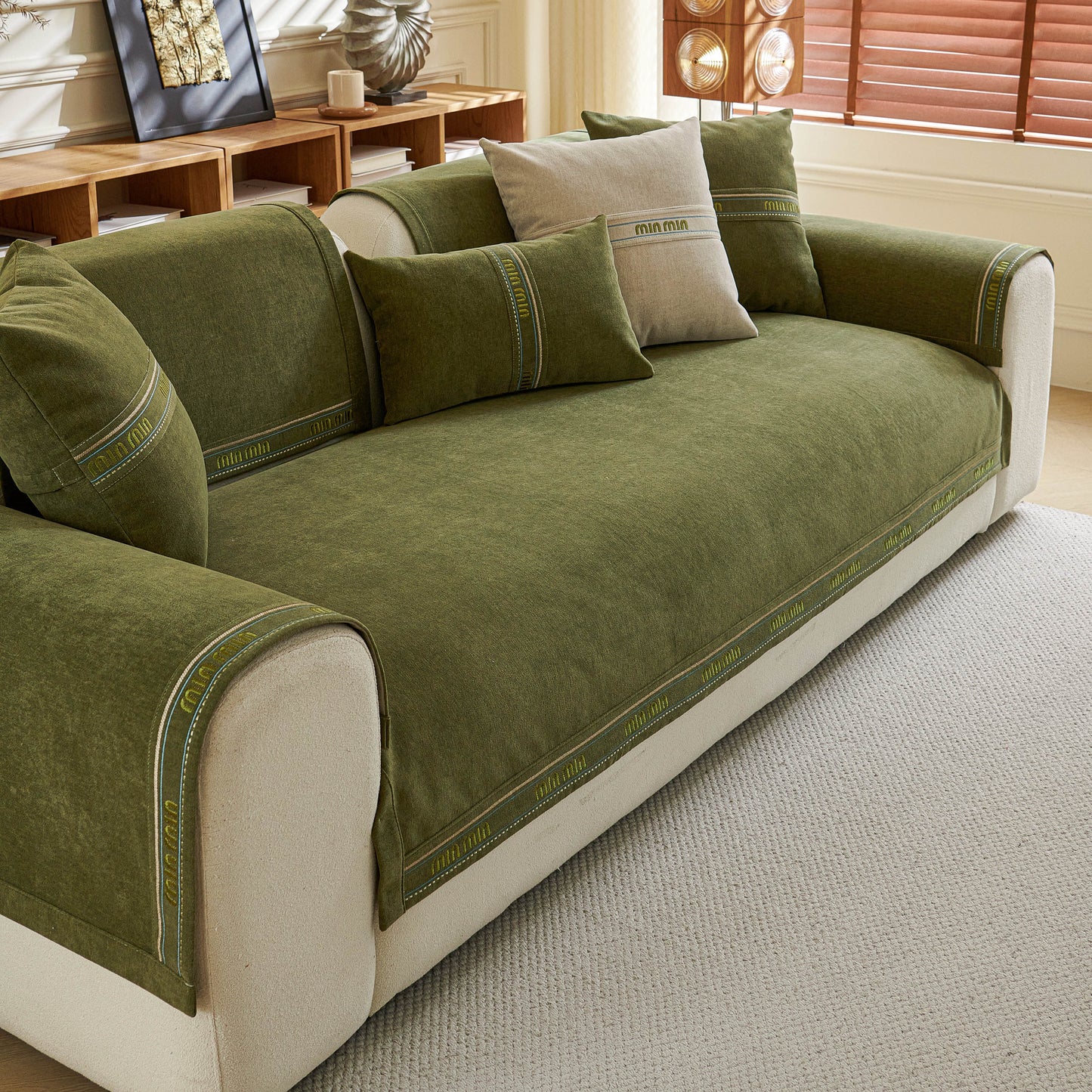 Chenille Sofa Cover Pet Mat, Non-Slip Couch Protector for Sectional & L-Shaped Sofas in green with decorative pillows
