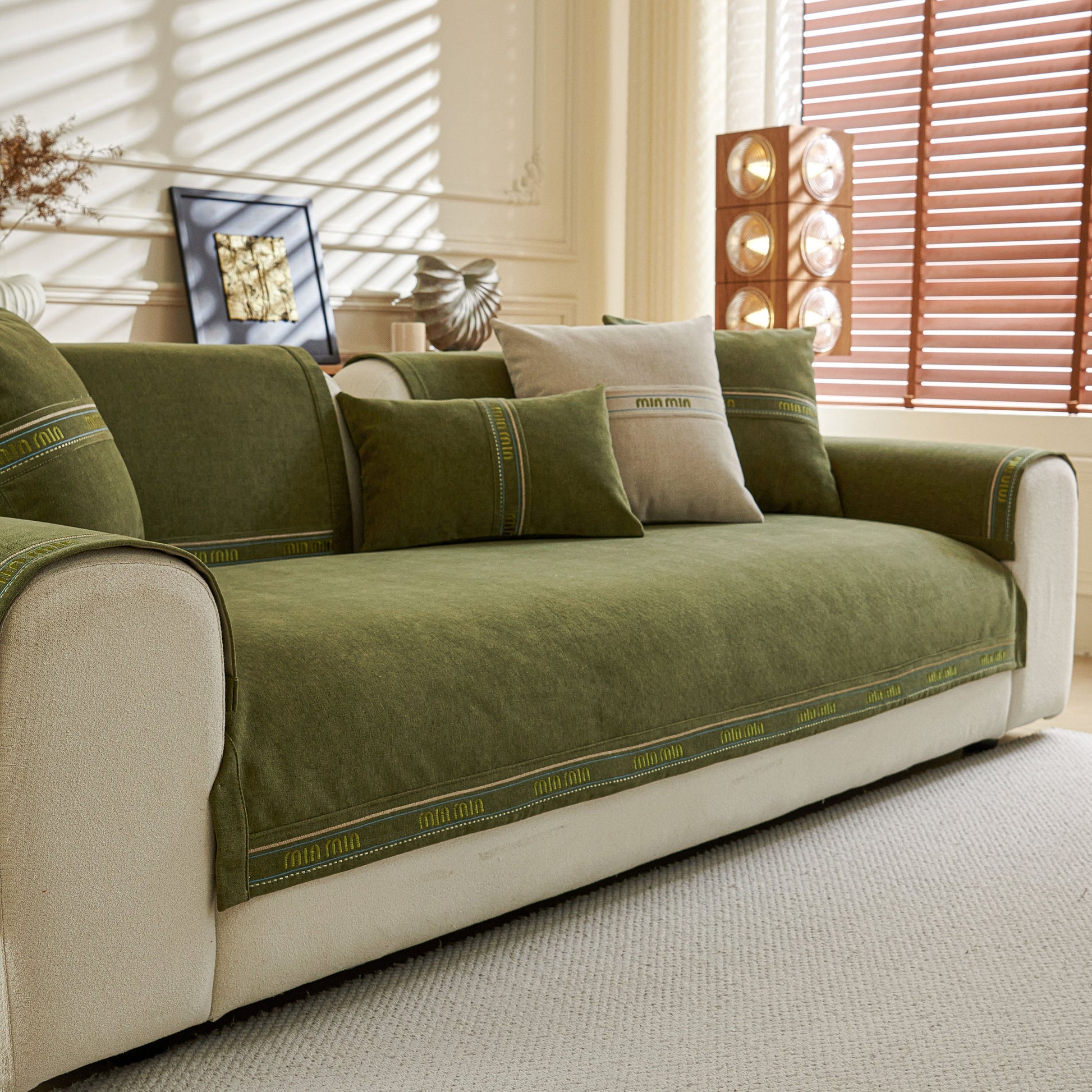 Chenille Sofa Cover Pet Mat, Non-Slip Couch Protector for Sectional & L-Shaped Sofas in green, enhancing style and comfort.