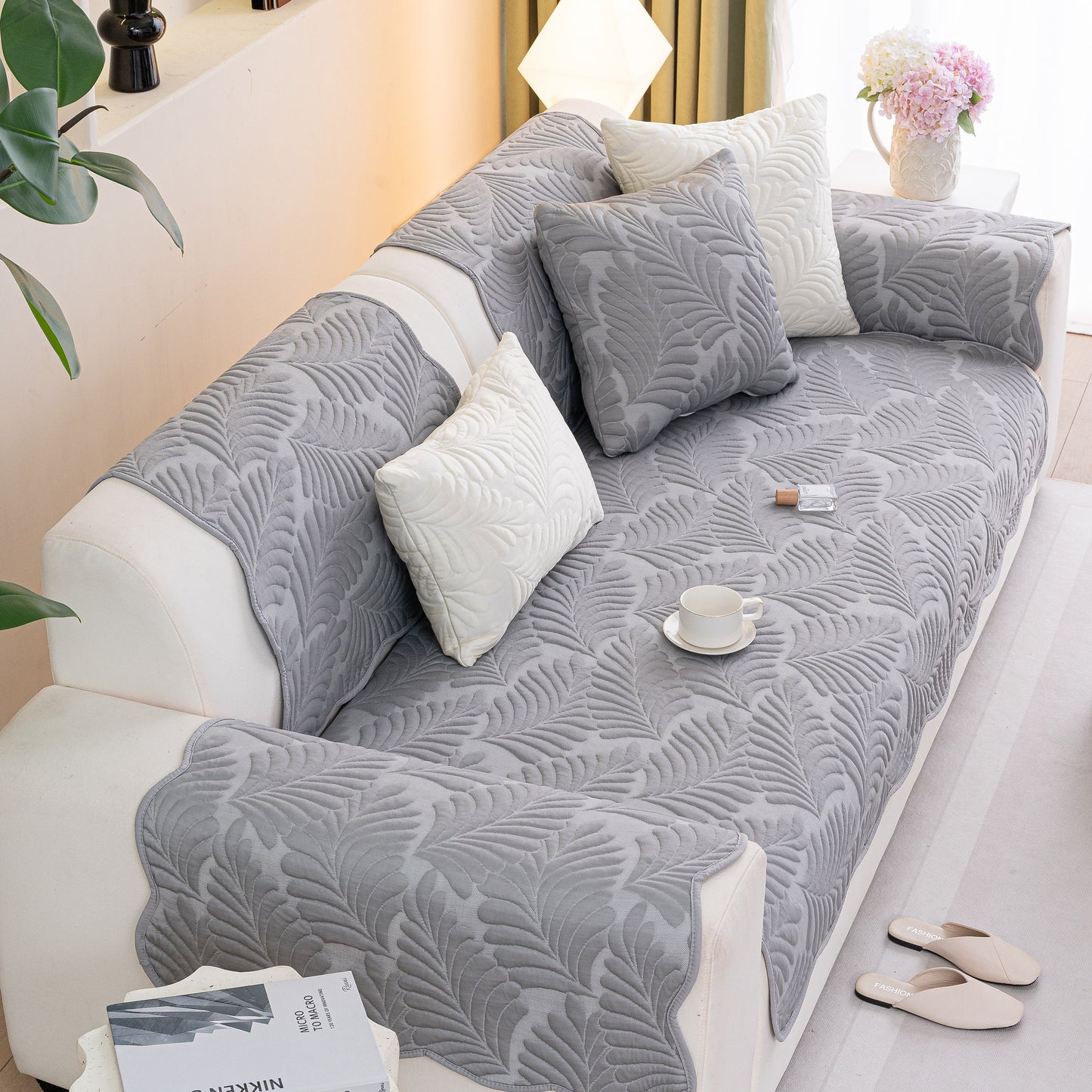Sofa Cover for Leather & Fabric Couches, 3D Leaf Embossed Quilted Furniture Covers with Anti-Slip Design on Modern Sofa