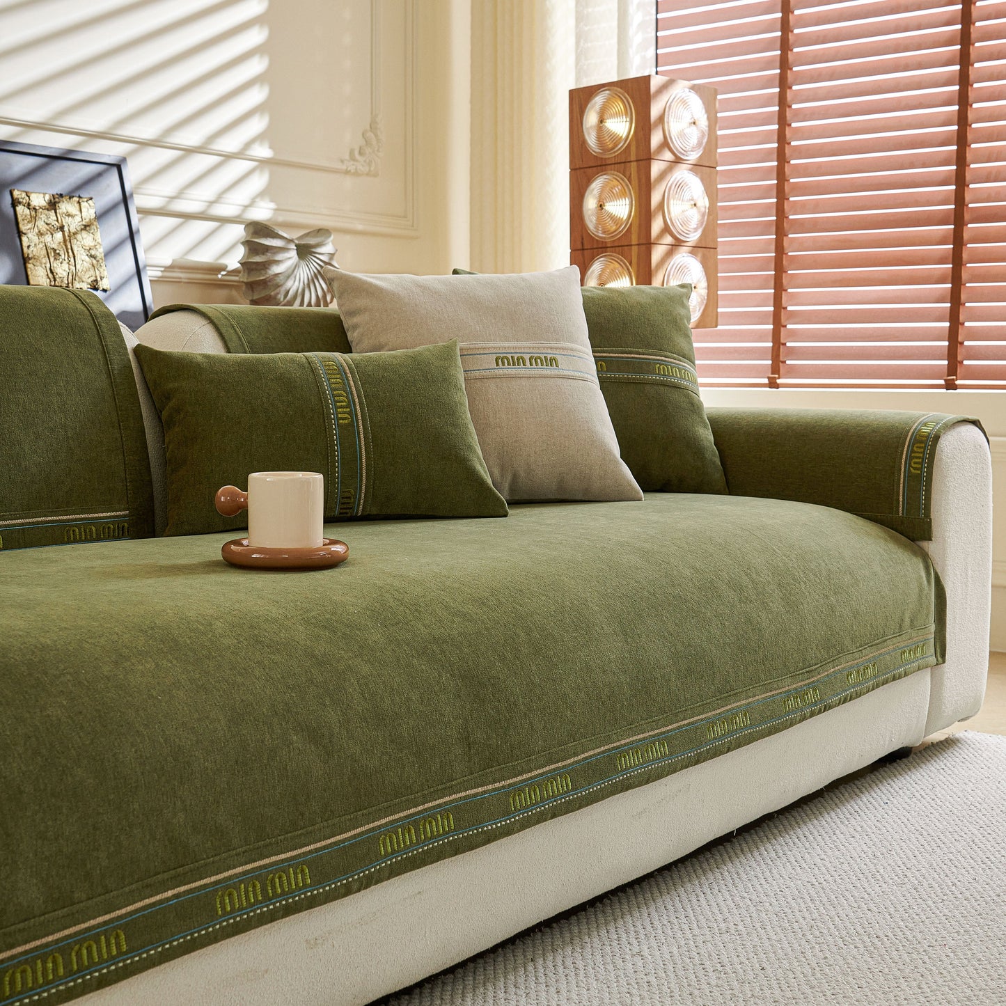 Chenille Sofa Cover Pet Mat, Non-Slip Couch Protector for Sectional & L-Shaped Sofas in olive green setting with throw pillows.