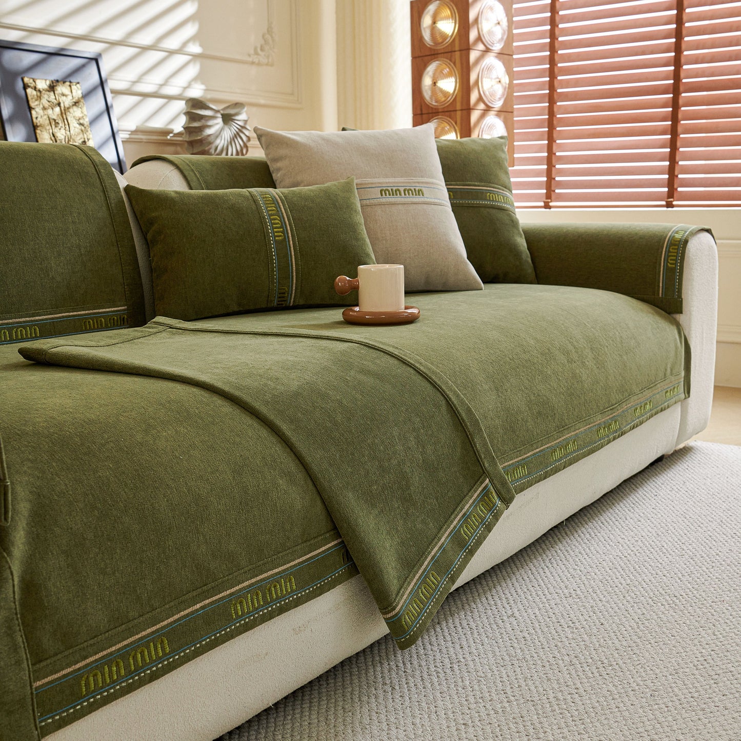 Chenille Sofa Cover Pet Mat, Non-Slip Couch Protector for Sectional & L-Shaped Sofas in green chenille fabric on sofa.