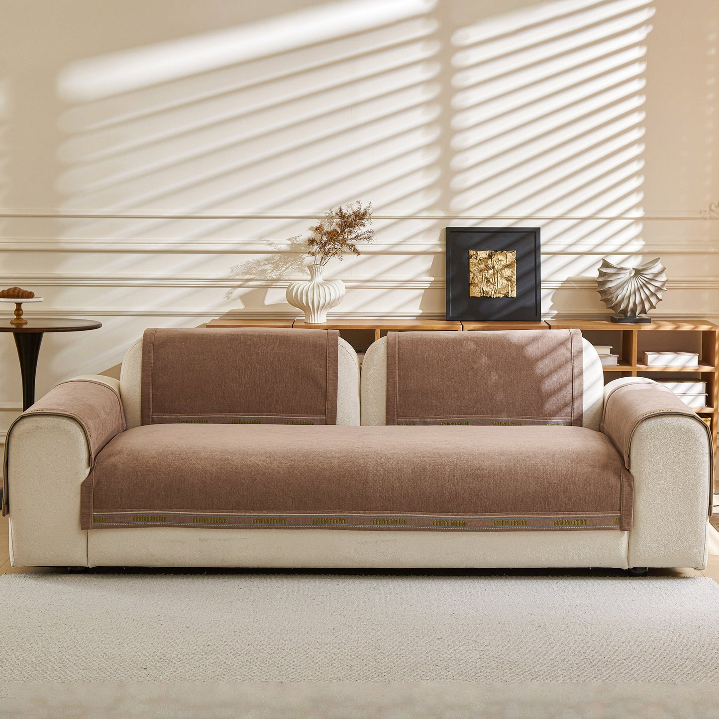 Chenille Sofa Cover Pet Mat, Non-Slip Couch Protector for Sectional & L-Shaped Sofas on a contemporary beige sofa.