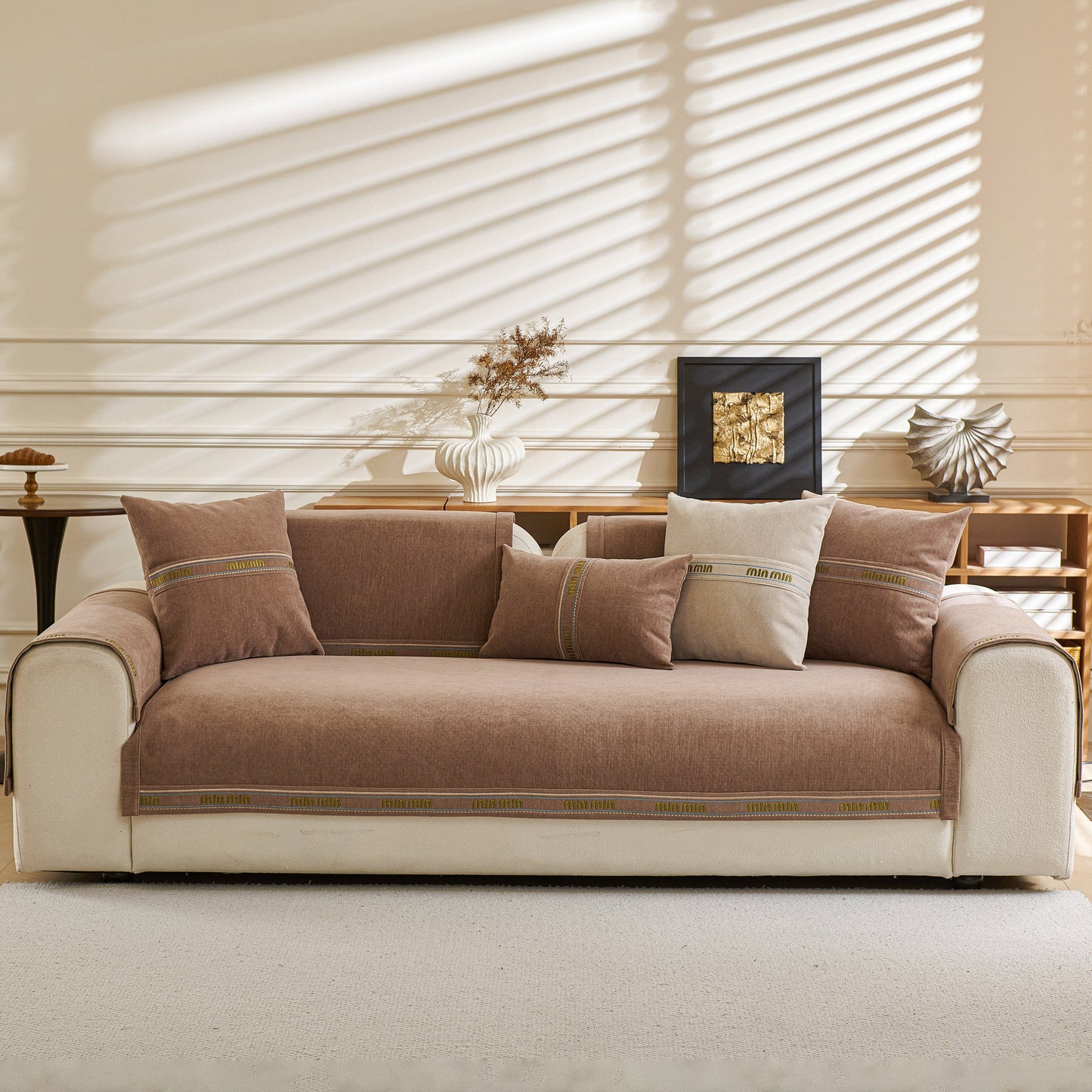 Chenille Sofa Cover Pet Mat, Non-Slip Couch Protector for Sectional & L-Shaped Sofas in living room setting