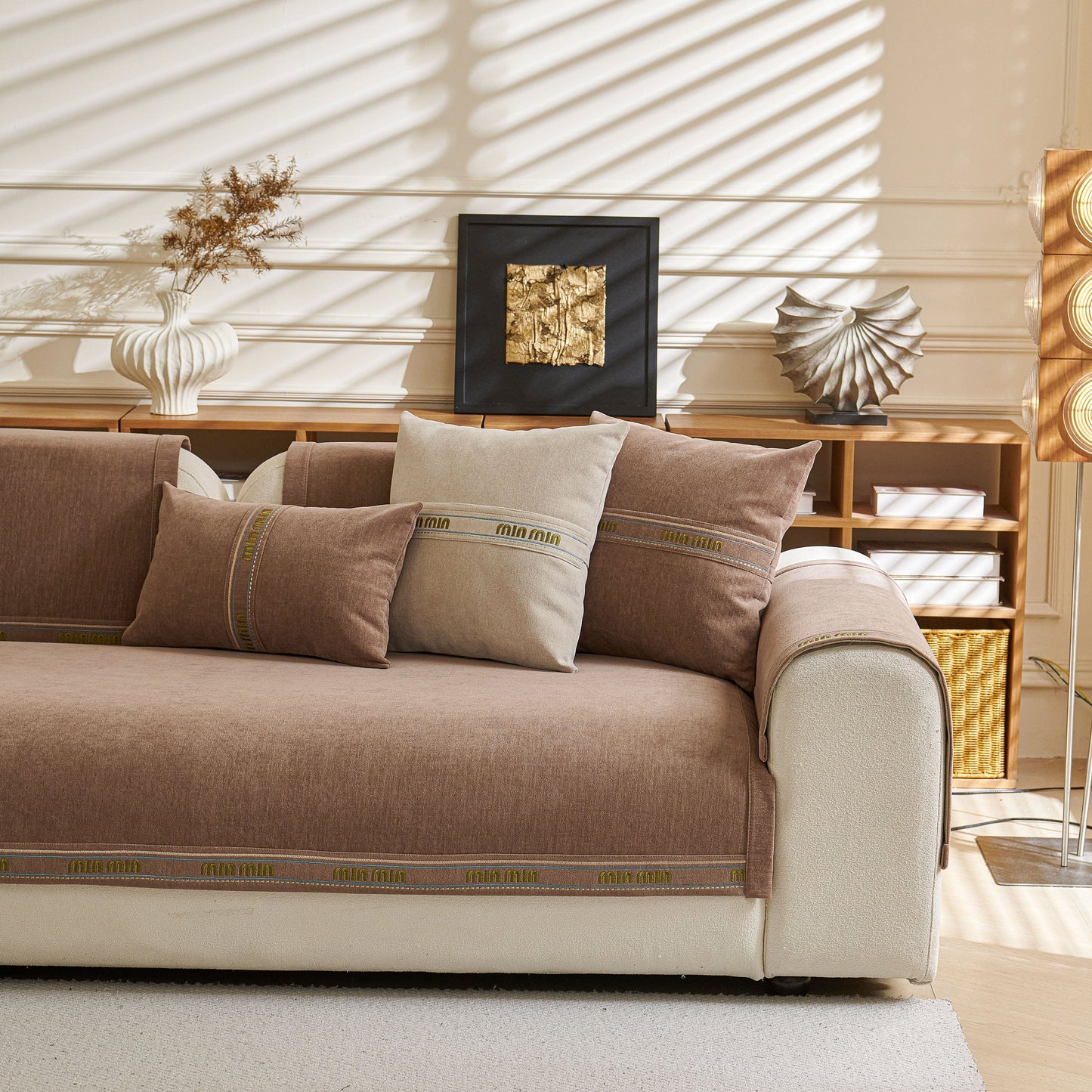 Chenille Sofa Cover Pet Mat, Non-Slip Couch Protector for Sectional & L-Shaped Sofas in a stylish living room setting.