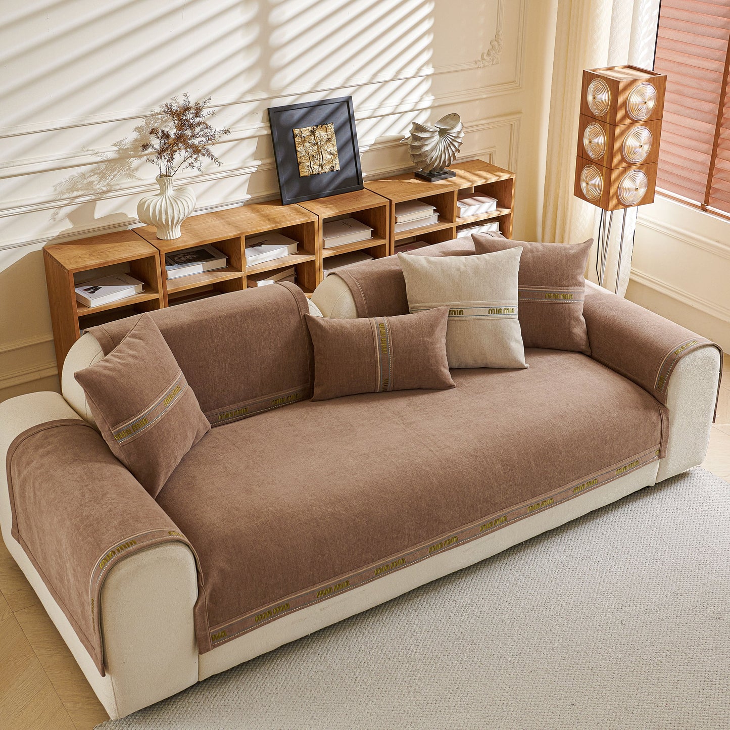 Chenille Sofa Cover Pet Mat, Non-Slip Couch Protector for Sectional & L-Shaped Sofas featuring thick chenille fabric on a beige sofa.