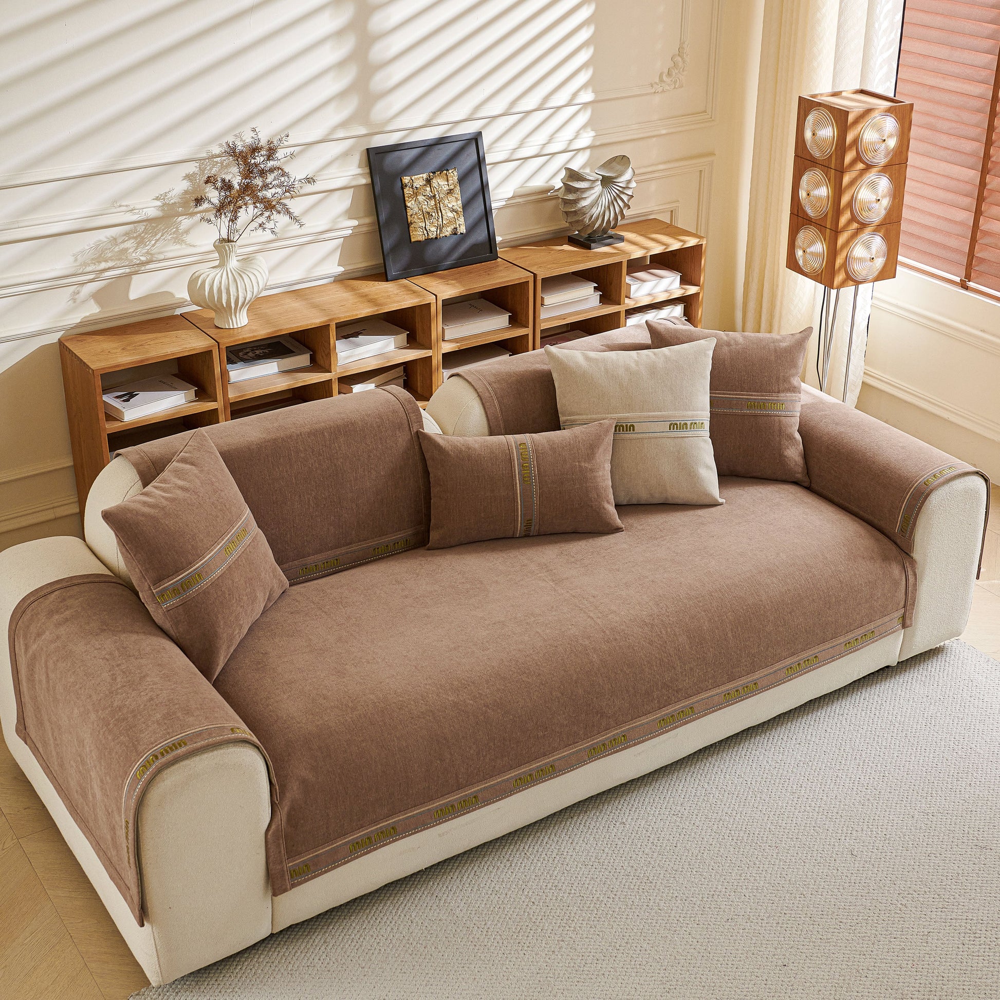 Chenille Sofa Cover Pet Mat, Non-Slip Couch Protector for Sectional & L-Shaped Sofas featuring thick chenille fabric on a beige sofa.