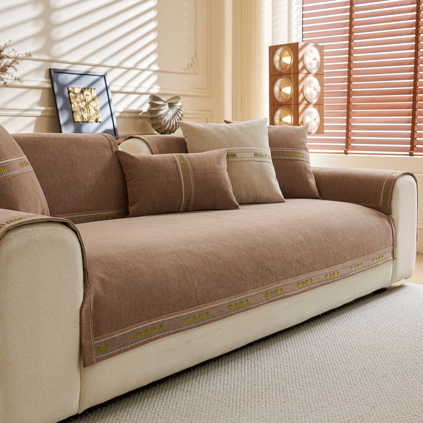 Chenille Sofa Cover Pet Mat, Non-Slip Couch Protector for Sectional & L-Shaped Sofas with neutral tones in a living room setting