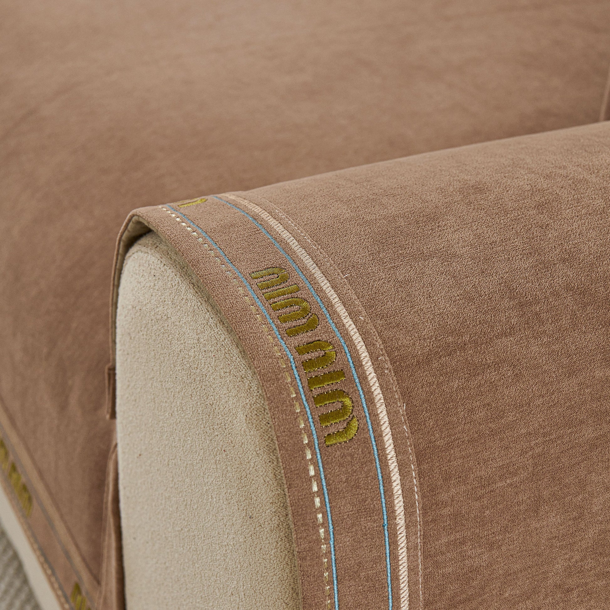 Chenille Sofa Cover Pet Mat, Non-Slip Couch Protector for Sectional & L-Shaped Sofas, shown on sofa armrest.