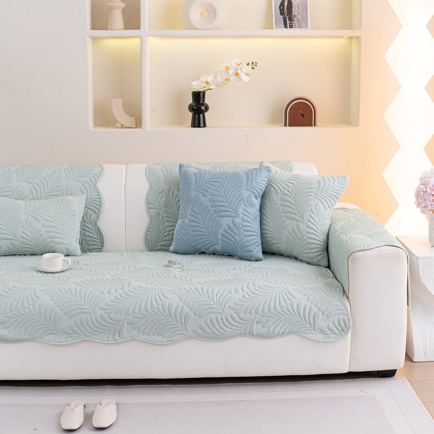 Sofa Cover for Leather & Fabric Couches, 3D Leaf Embossed Quilted Furniture Covers with anti-slip backing and wave-cut edges