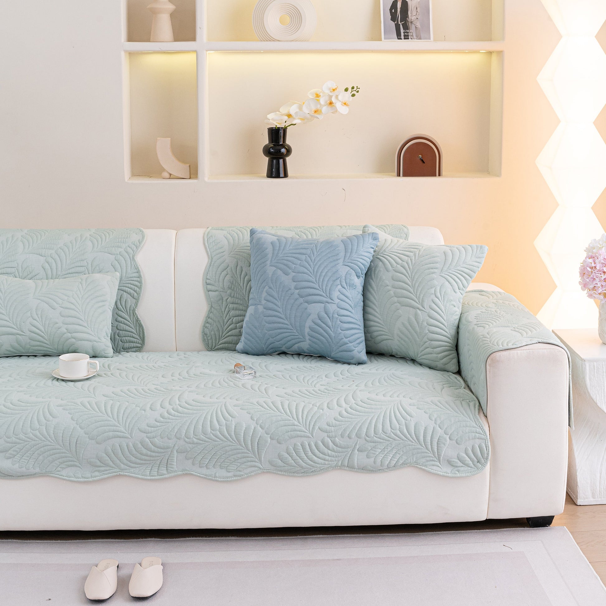Sofa Cover for Leather & Fabric Couches, 3D Leaf Embossed Quilted Furniture Covers with anti-slip backing and wave-cut edges