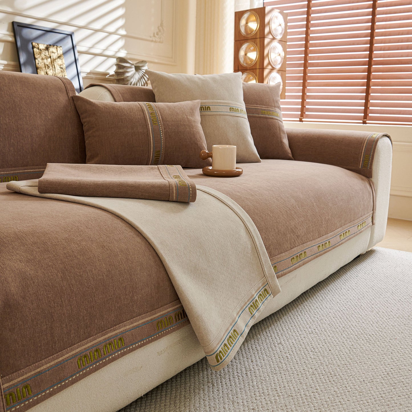 Chenille Sofa Cover Pet Mat, Non-Slip Couch Protector for Sectional & L-Shaped Sofas in a cozy living room setting.