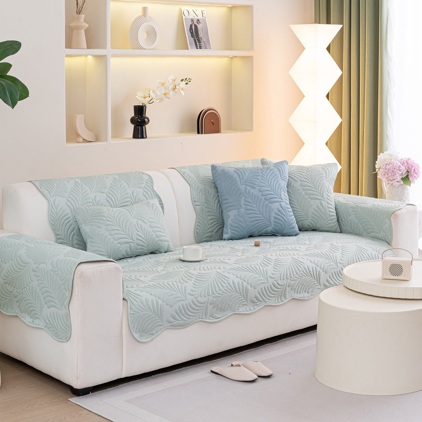 Sofa Cover for Leather & Fabric Couches, 3D Leaf Embossed Quilted Furniture Covers on living room sofa