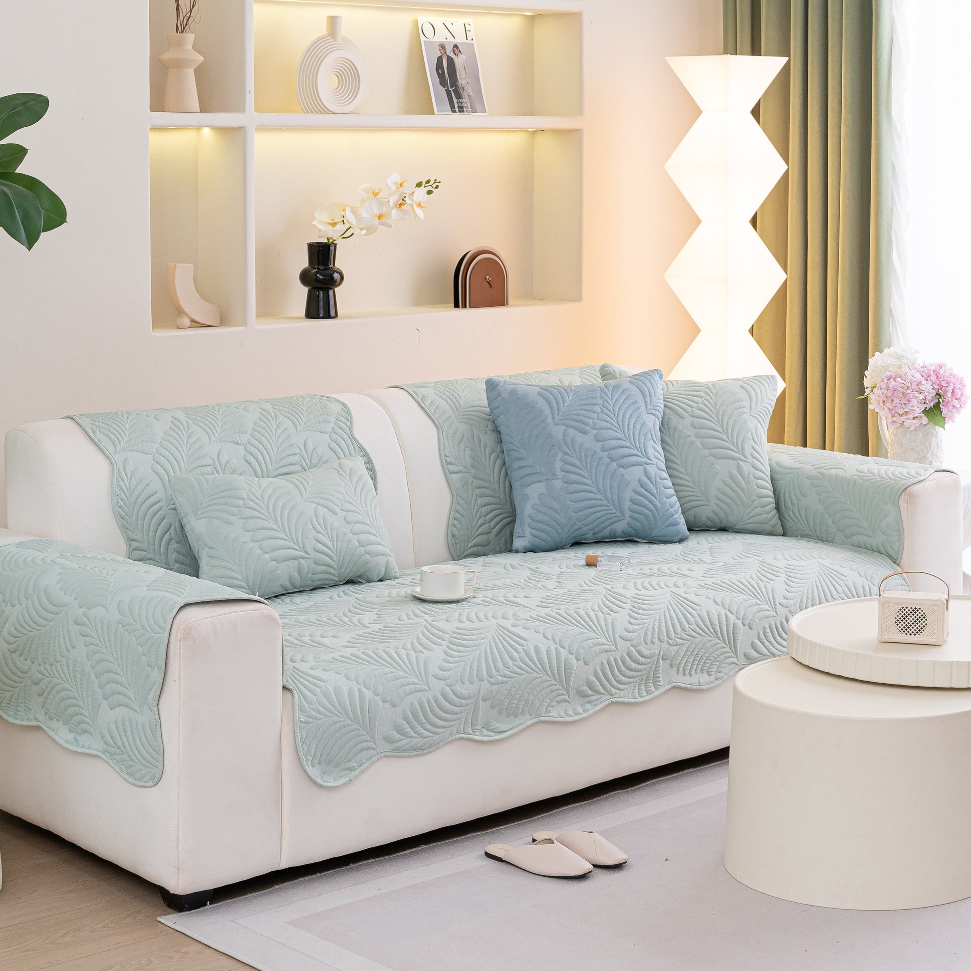 Sofa Cover for Leather & Fabric Couches, 3D Leaf Embossed Quilted Furniture Covers on living room sofa