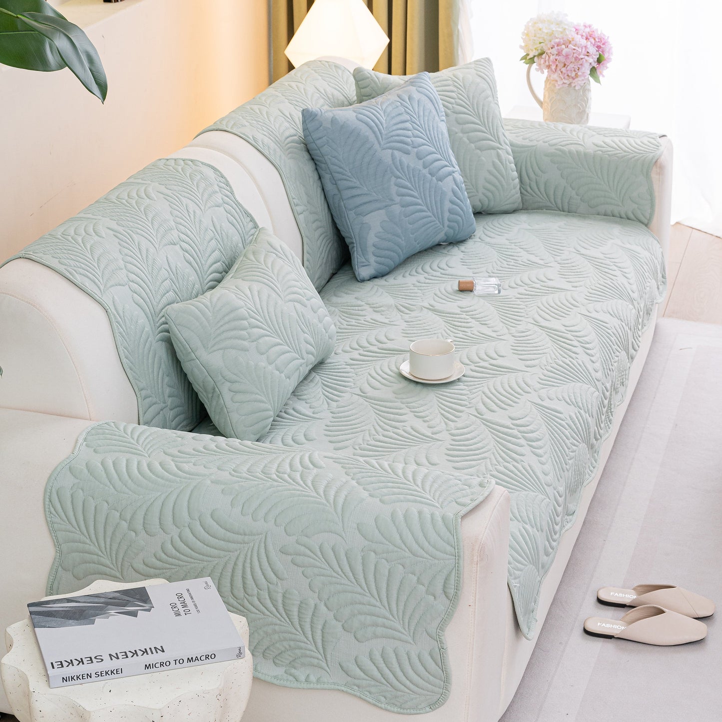 Sofa Cover for Leather & Fabric Couches, 3D Leaf Embossed Quilted Furniture Covers, anti-slip, wave-cut edges, cotton blend.