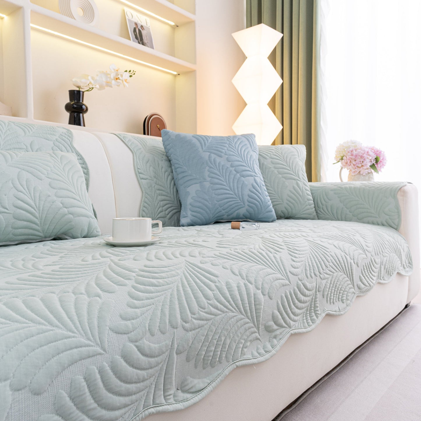 Sofa Cover for Leather & Fabric Couches, 3D Leaf Embossed Quilted Furniture Covers with anti-slip and wave-cut design in living room