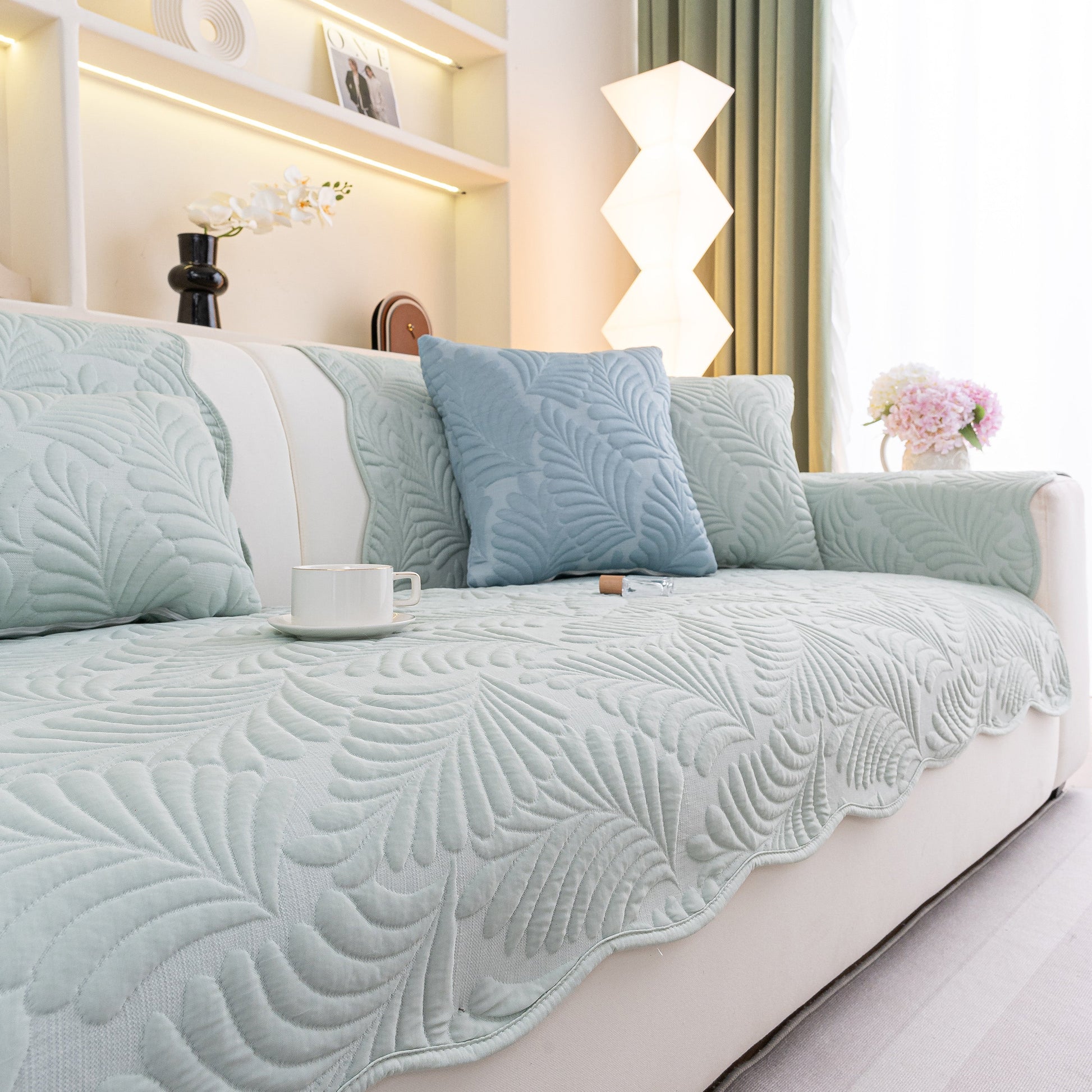 Sofa Cover for Leather & Fabric Couches, 3D Leaf Embossed Quilted Furniture Covers with anti-slip and wave-cut design in living room