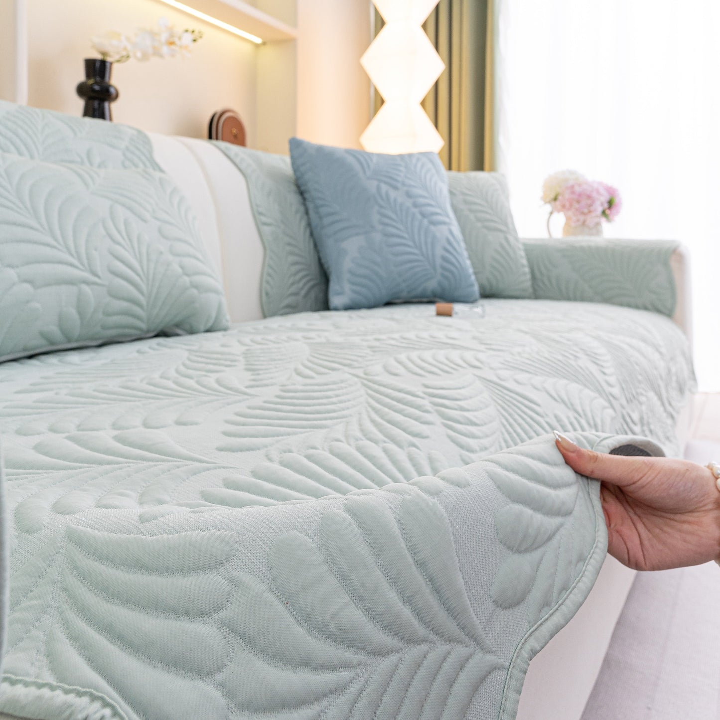 Sofa Cover for Leather & Fabric Couches, 3D Leaf Embossed Quilted Furniture Covers with anti-slip backing and wave-cut edges