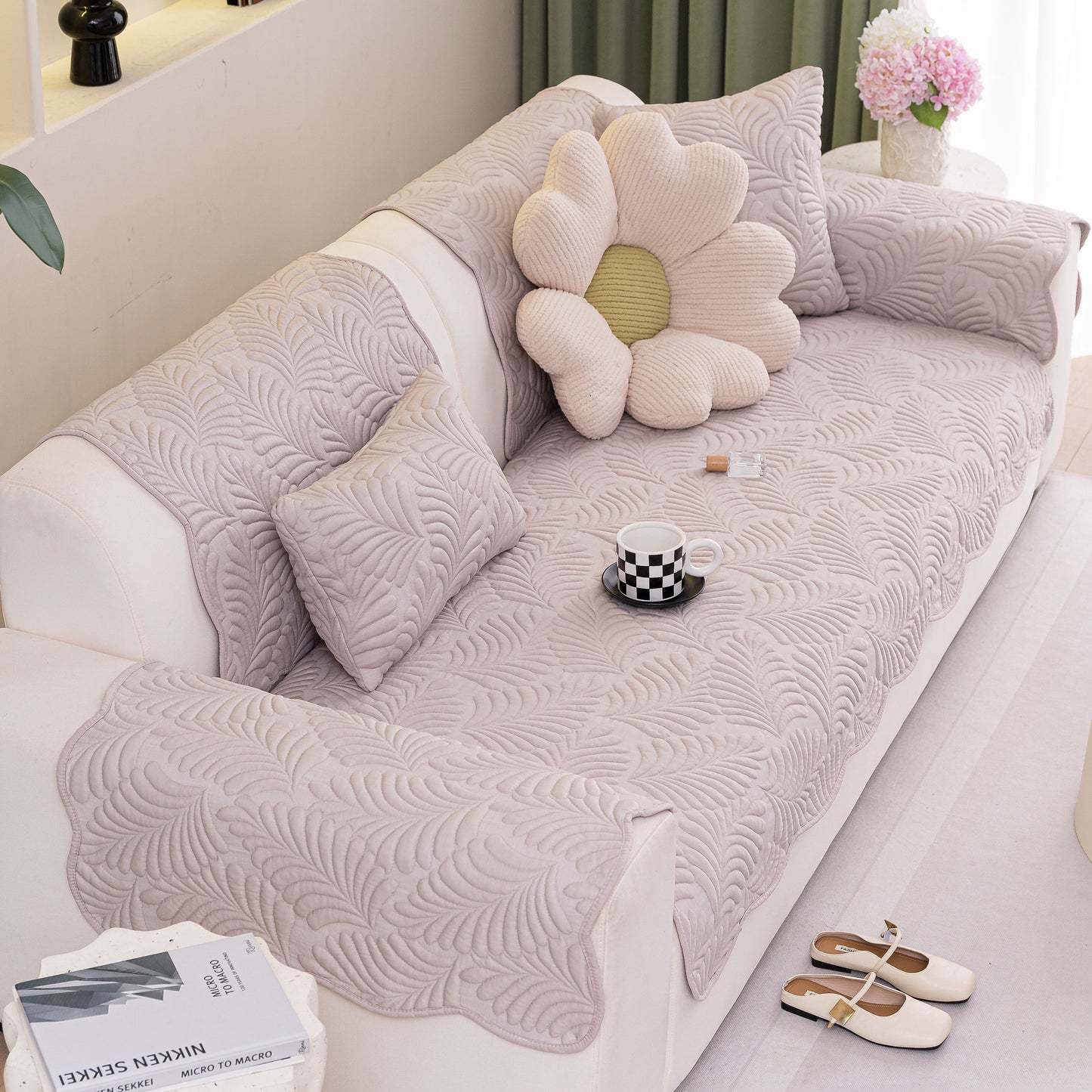 Sofa Cover for Leather & Fabric Couches, 3D Leaf Embossed Quilted Furniture Covers, featuring wave-cut design and silicone anti-slip backing.