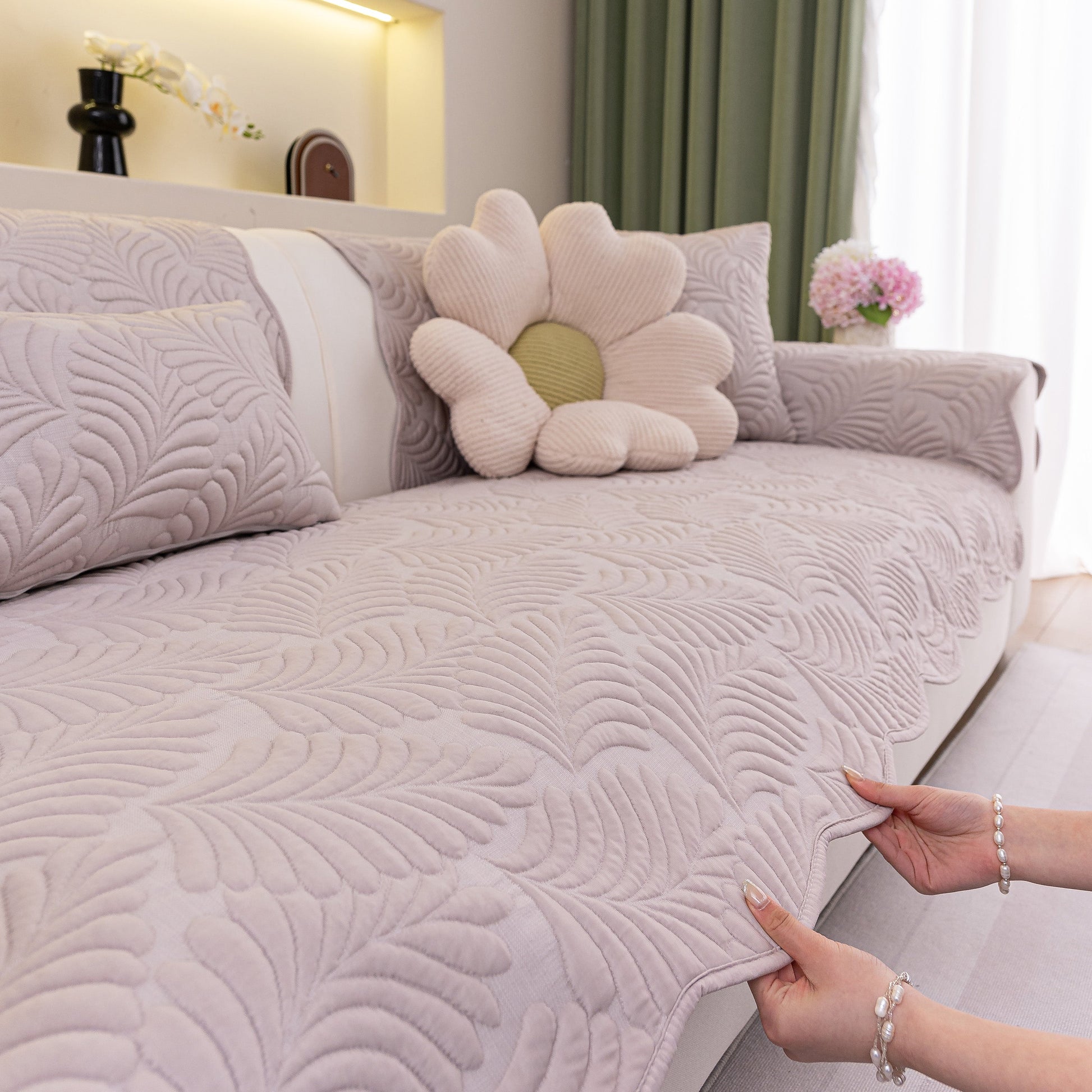 Sofa Cover for Leather & Fabric Couches, 3D Leaf Embossed Quilted Furniture Covers on living room sofa with decorative pillow
