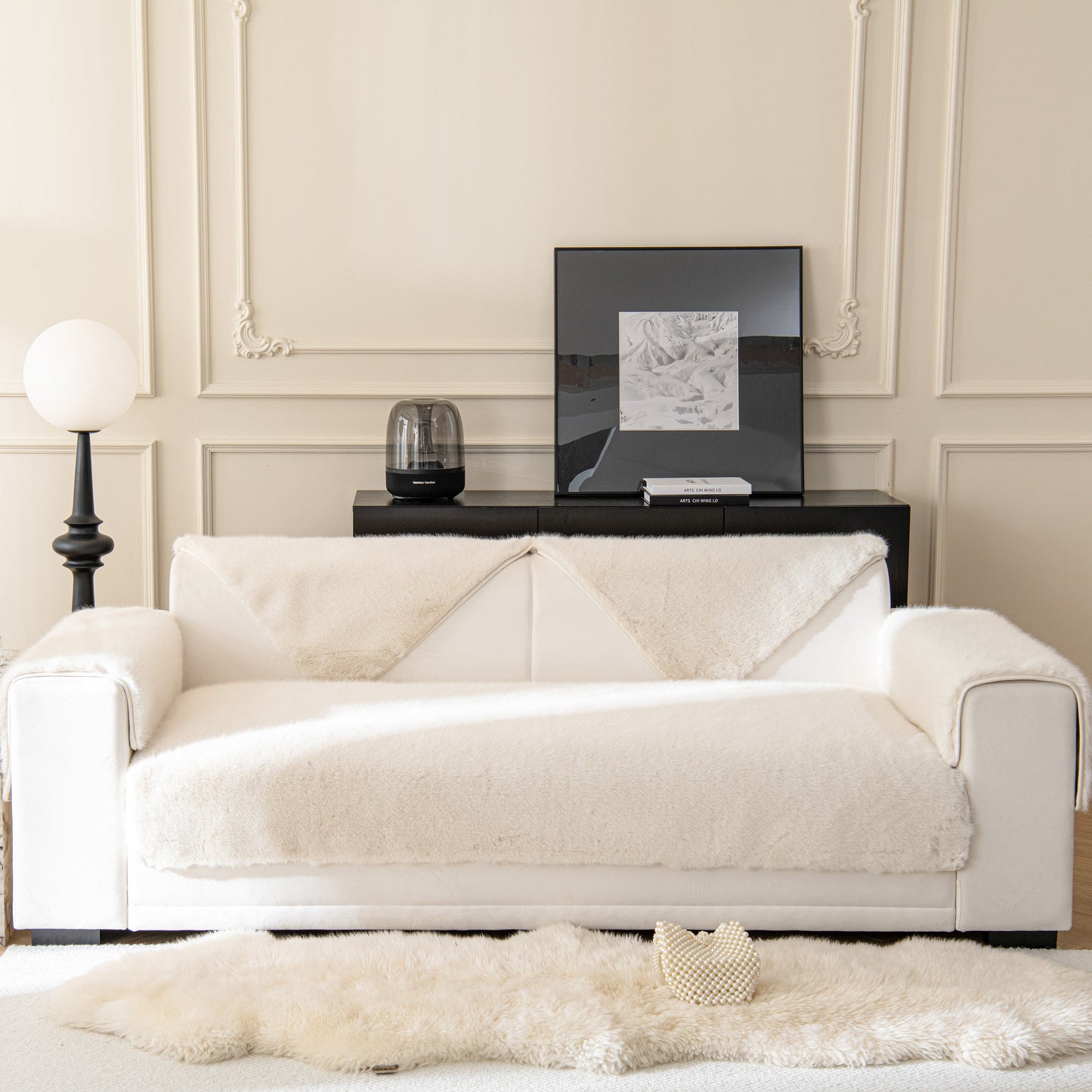 Faux Mink Velvet Luxury Fluffy Sofa Cushion on white sofa, Winter Warm Thick Plush Non-slip Sofa Covers for comfort and style.