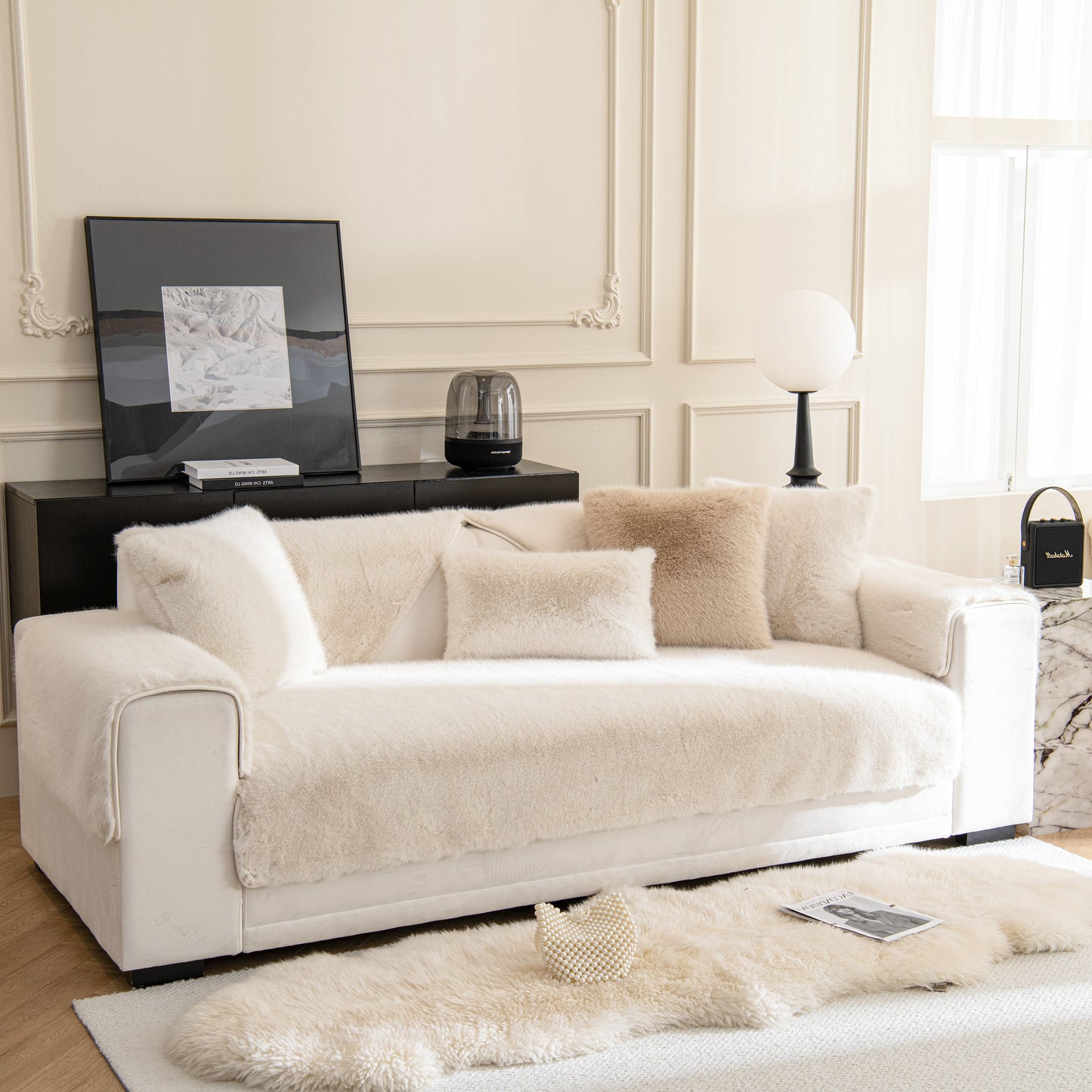 Faux Mink Velvet Luxury Fluffy Sofa Cushion, Winter Warm Thick Plush Non-slip Sofa Covers on elegant white sofa in stylish living room.