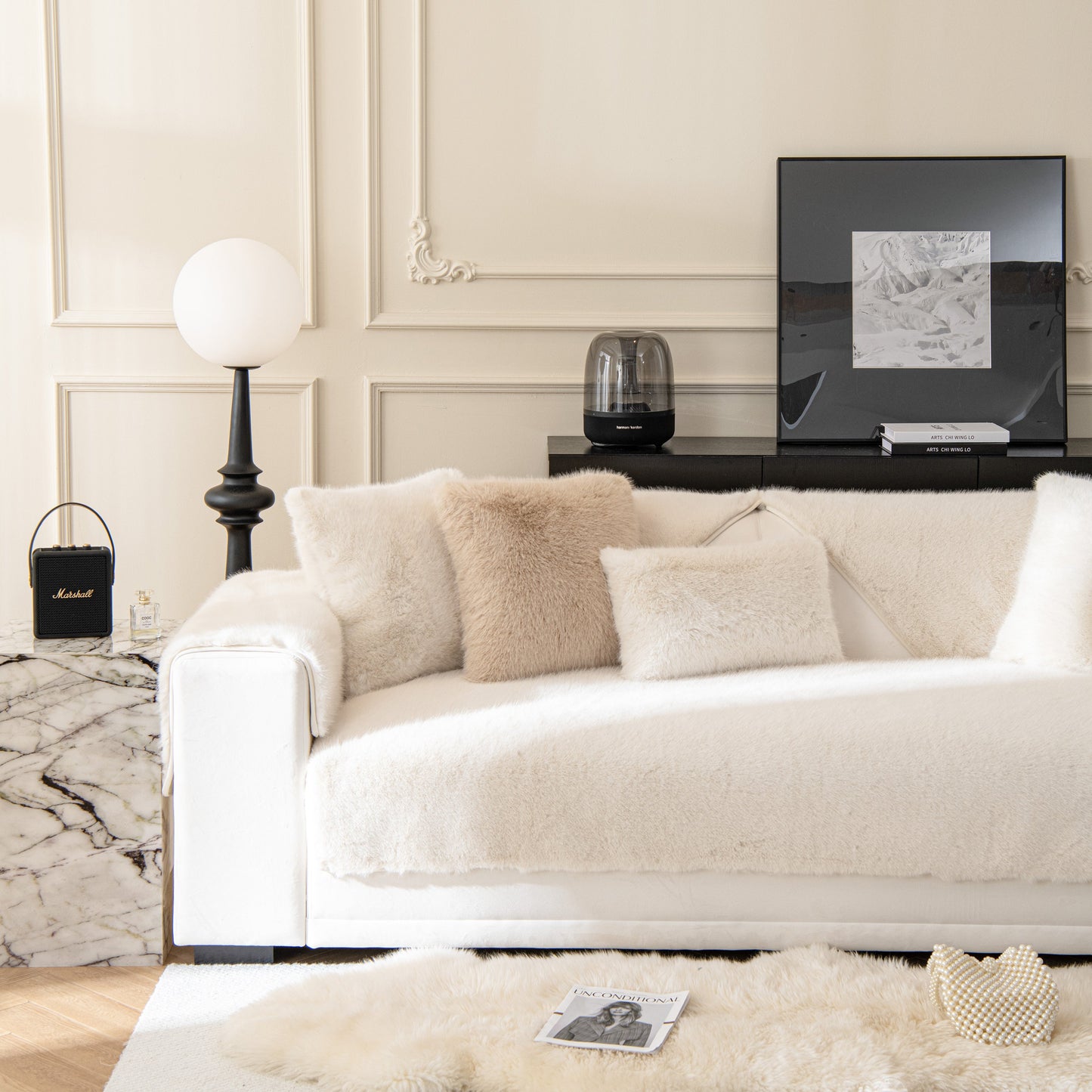 Faux Mink Velvet Luxury Fluffy Sofa Cushion, Winter Warm Thick Plush Non-slip Sofa Covers in elegant living room setting.