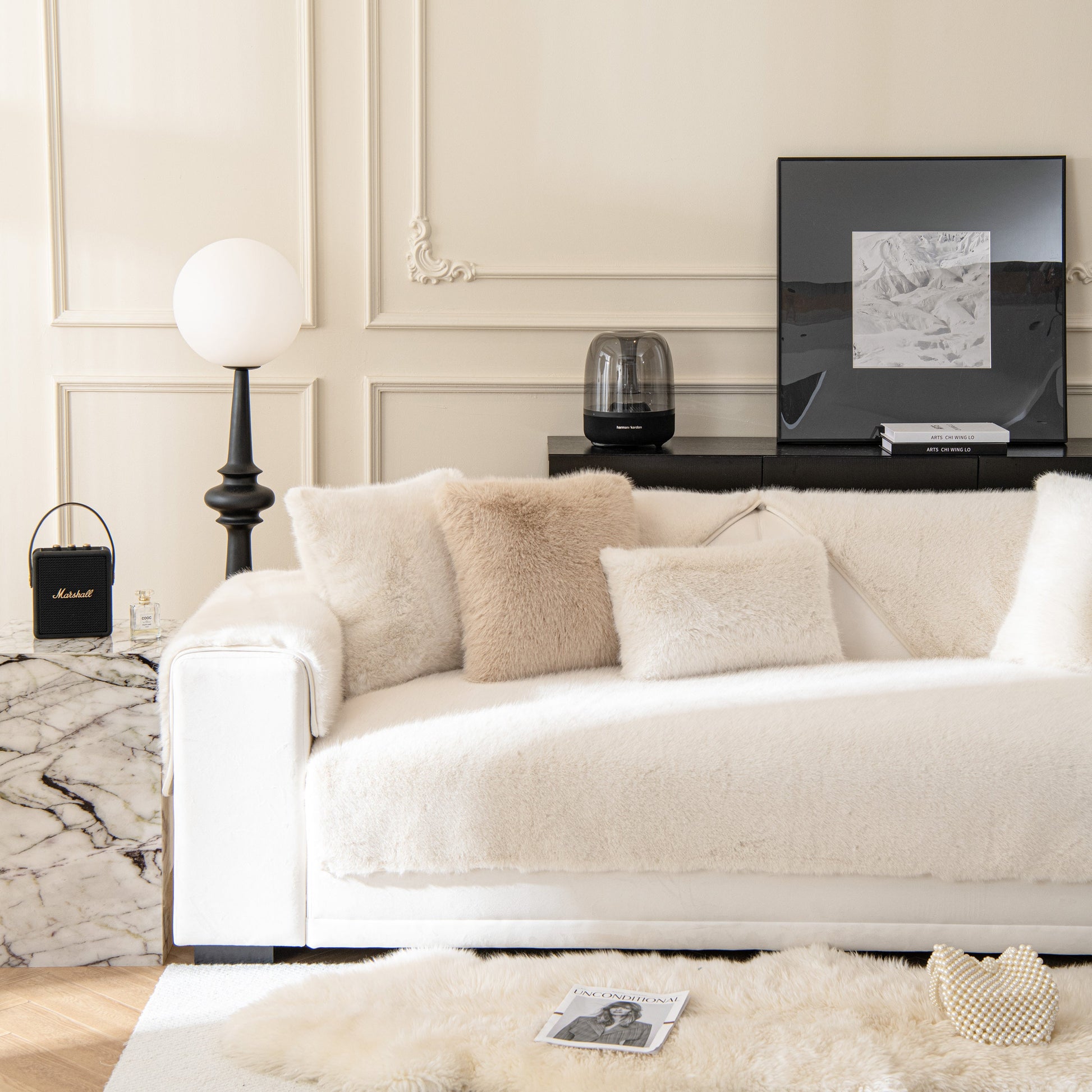 Faux Mink Velvet Luxury Fluffy Sofa Cushion, Winter Warm Thick Plush Non-slip Sofa Covers in elegant living room setting.