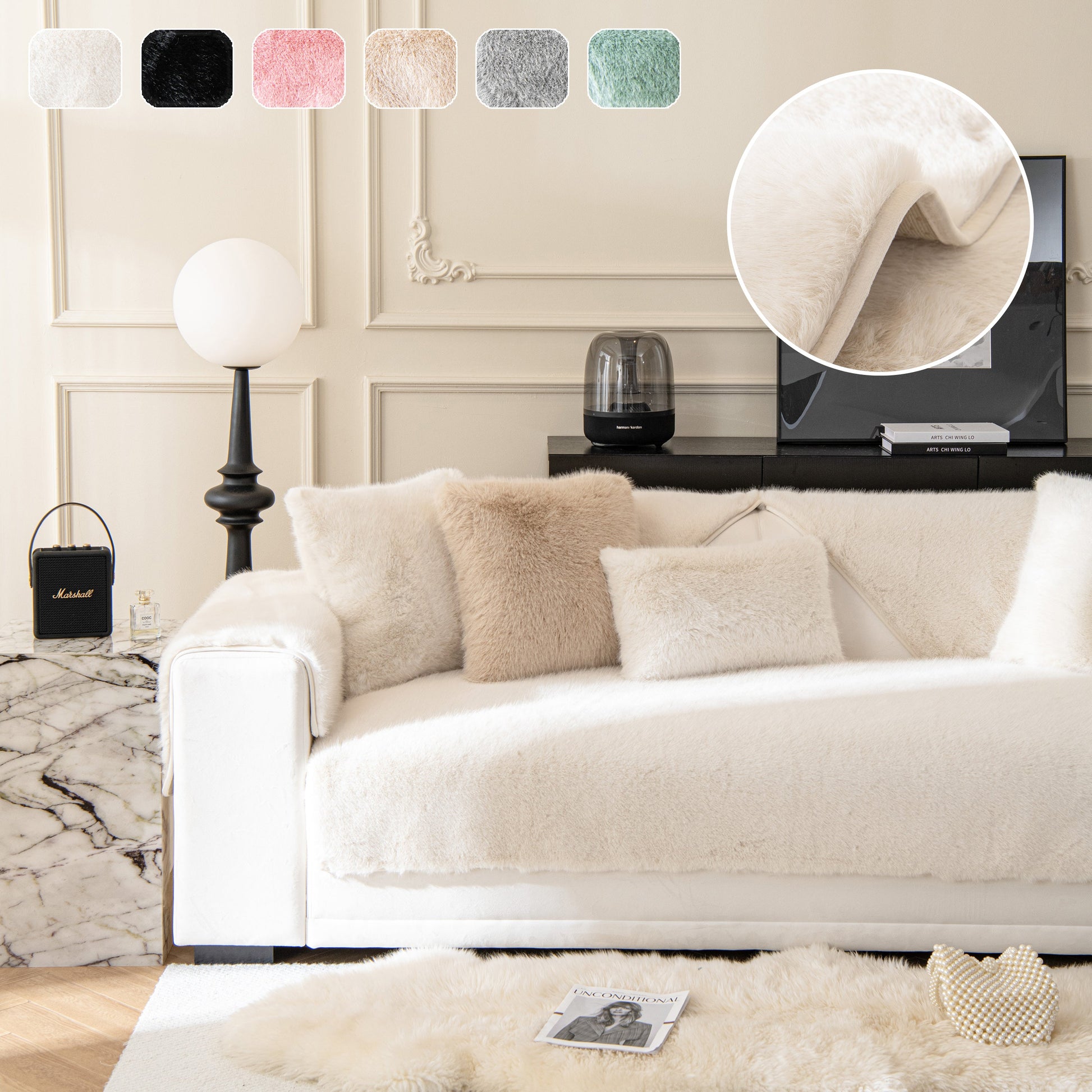 Faux Mink Velvet Luxury Fluffy Sofa Cushion, Winter Warm Thick Plush Non-slip Sofa Covers on a modern living room sofa