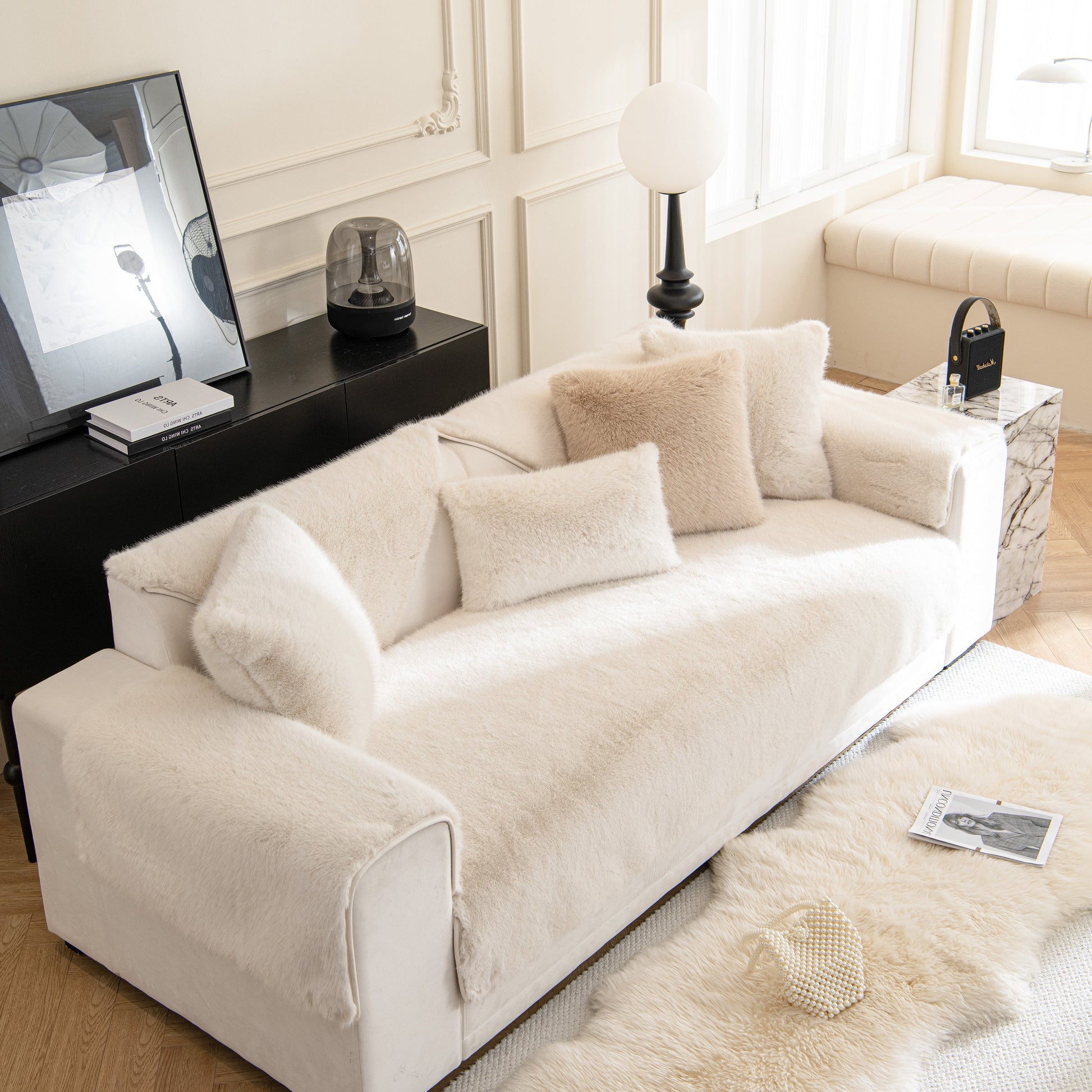 Faux Mink Velvet Luxury Fluffy Sofa Cushion, Winter Warm Thick Plush Non-slip Sofa Covers in a stylish living room setup.