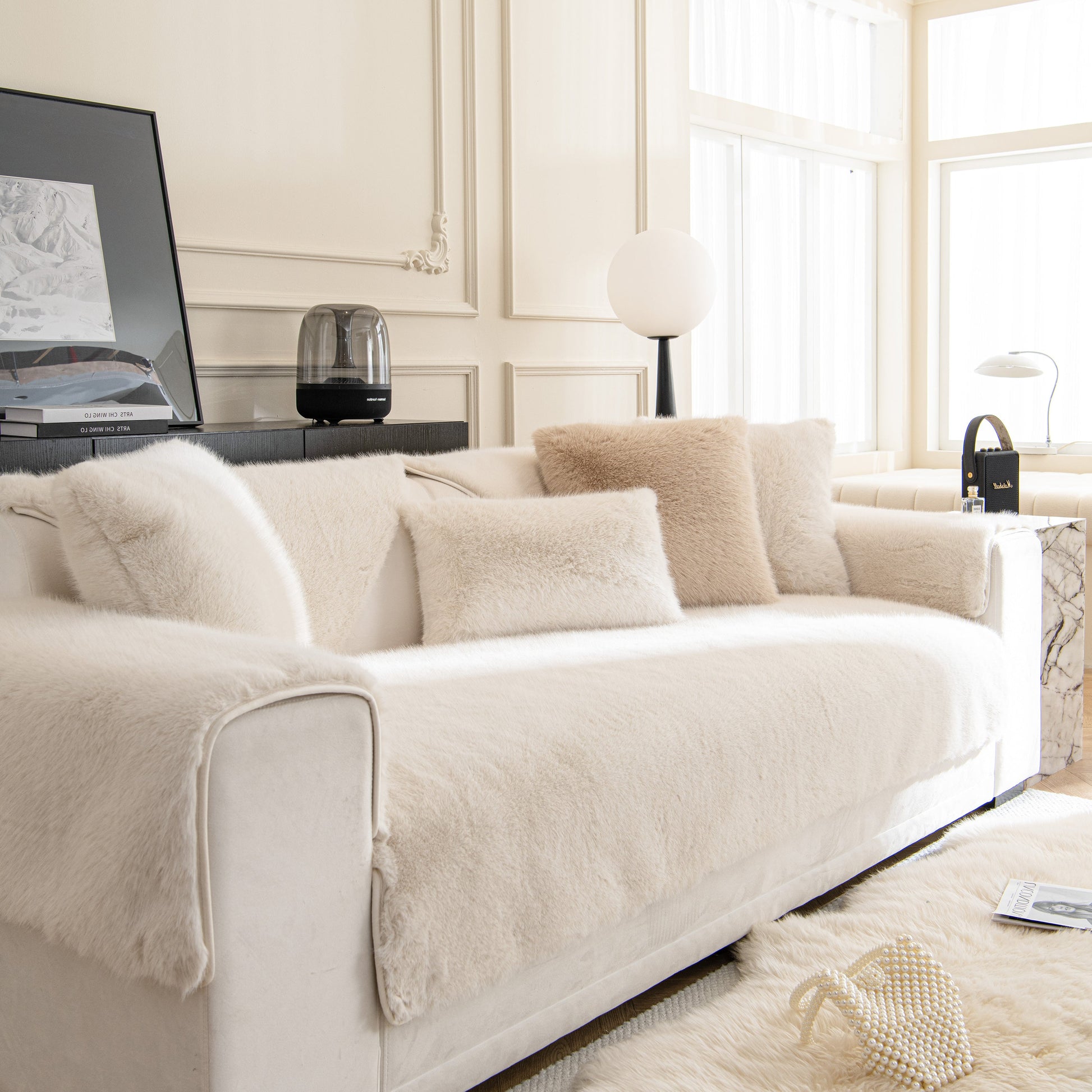 Luxurious living room setup with Faux Mink Velvet Luxury Fluffy Sofa Cushion, Winter Warm Thick Plush Non-slip Sofa Covers showcasing elegance.