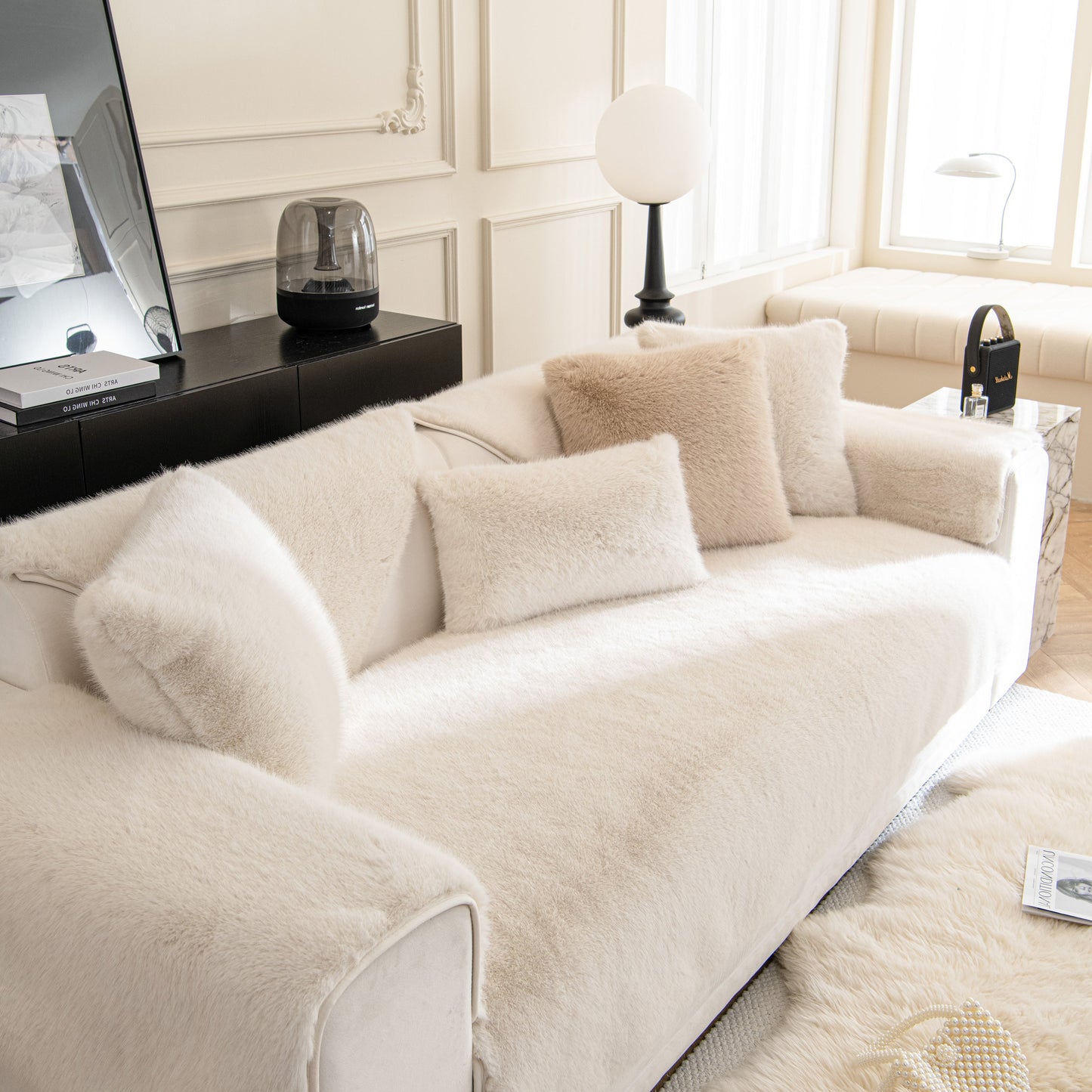 Faux Mink Velvet Luxury Fluffy Sofa Cushion, Winter Warm Thick Plush Non-slip Sofa Covers on elegant sofa