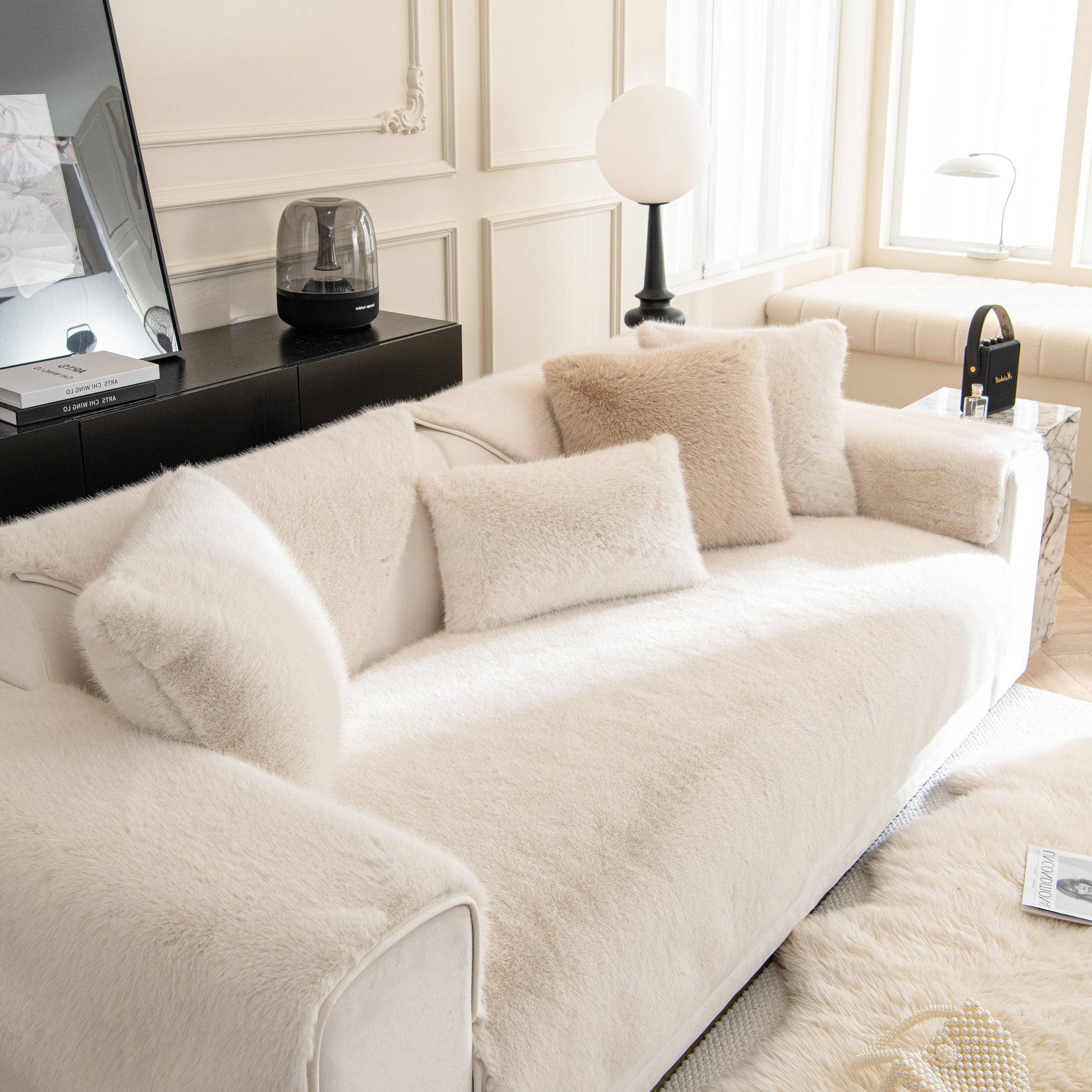 Faux Mink Velvet Luxury Fluffy Sofa Cushion, Winter Warm Thick Plush Non-slip Sofa Covers on elegant sofa