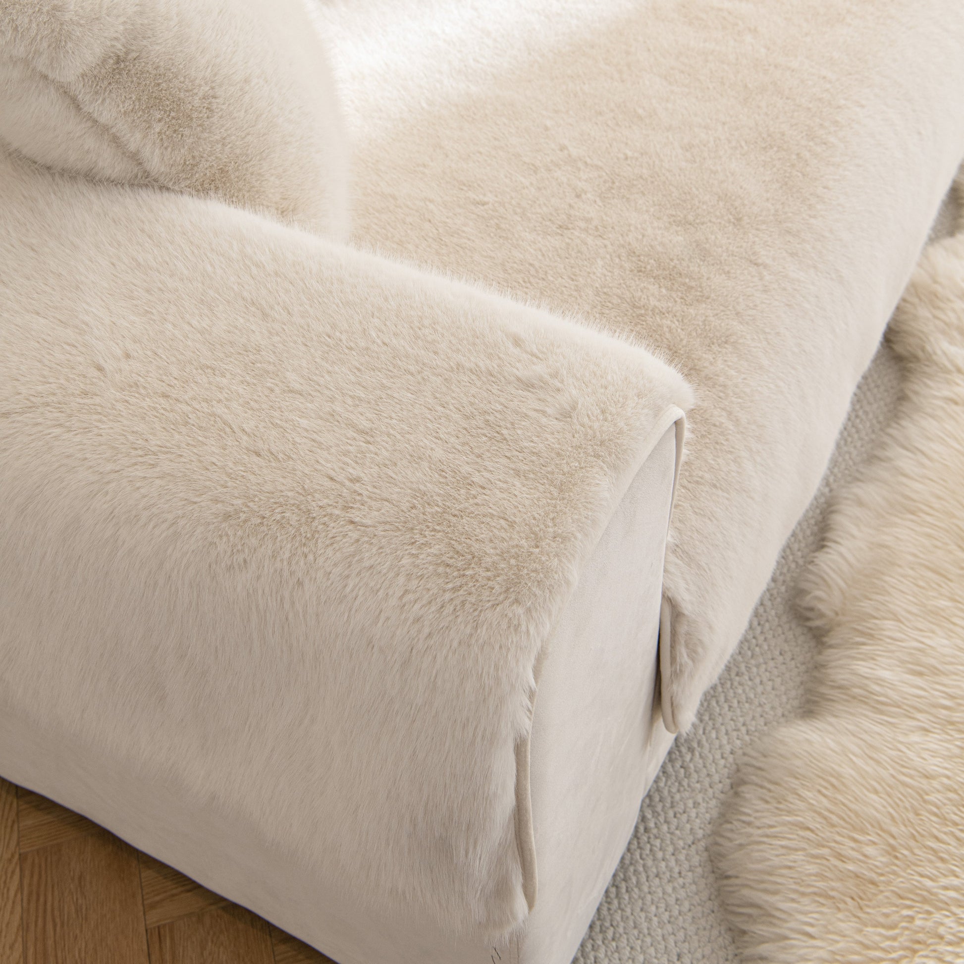 Faux Mink Velvet Luxury Fluffy Sofa Cushion, Winter Warm Thick Plush Non-slip Sofa Covers in a cozy living room setting.