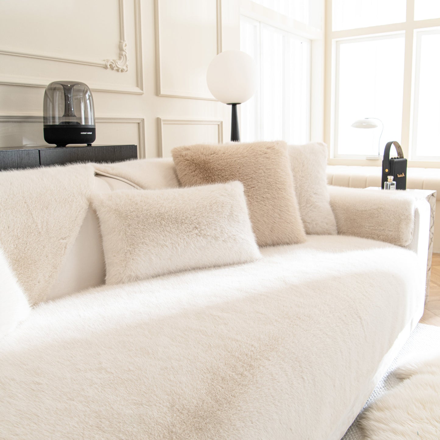 Faux Mink Velvet Luxury Fluffy Sofa Cushion, Winter Warm Thick Plush Non-slip Sofa Covers on a stylish modern sofa
