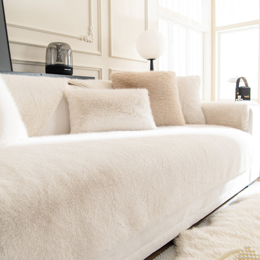 Faux Mink Velvet Luxury Fluffy Sofa Cushion, Winter Warm Thick Plush Non-slip Sofa Covers on stylish modern couch.