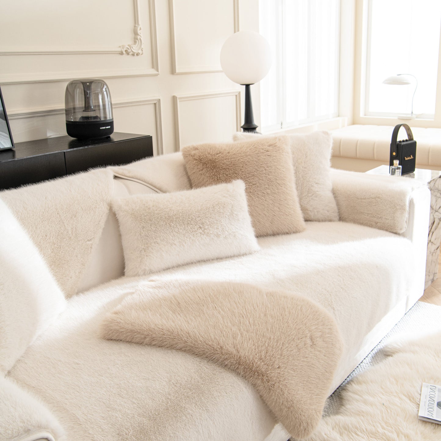 Faux Mink Velvet Luxury Fluffy Sofa Cushion, Winter Warm Thick Plush Non-slip Sofa Covers on a modern living room sofa.