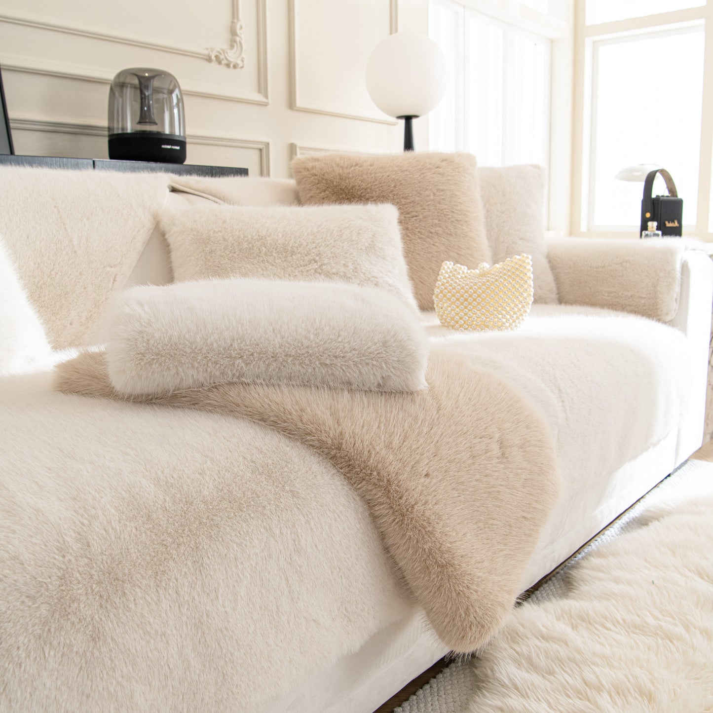 Faux Mink Velvet Luxury Fluffy Sofa Cushion, Winter Warm Thick Plush Non-slip Sofa Covers displayed in a cozy living room setting.