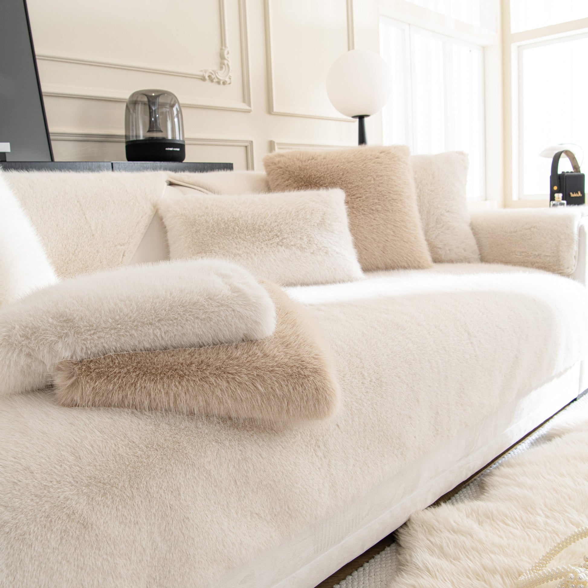 Faux Mink Velvet Luxury Fluffy Sofa Cushion, Winter Warm Thick Plush Non-slip Sofa Covers in elegant living room setting