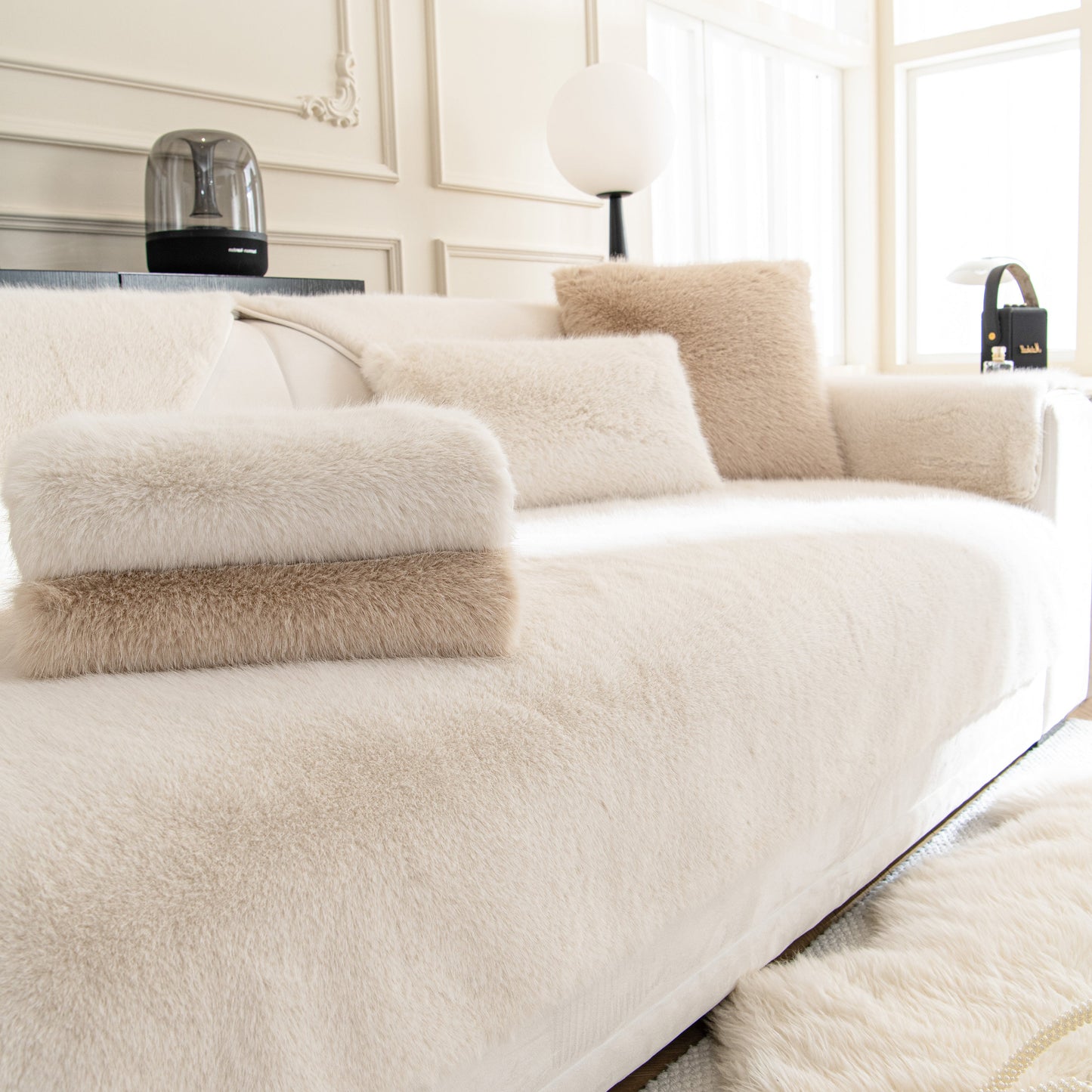 Faux Mink Velvet Luxury Fluffy Sofa Cushion, Winter Warm Thick Plush Non-slip Sofa Covers in a stylish living room setting.