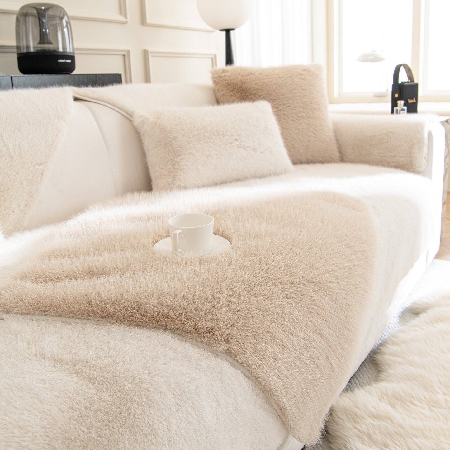 Faux Mink Velvet Luxury Fluffy Sofa Cushion, Winter Warm Thick Plush Non-slip Sofa Covers on a beige couch