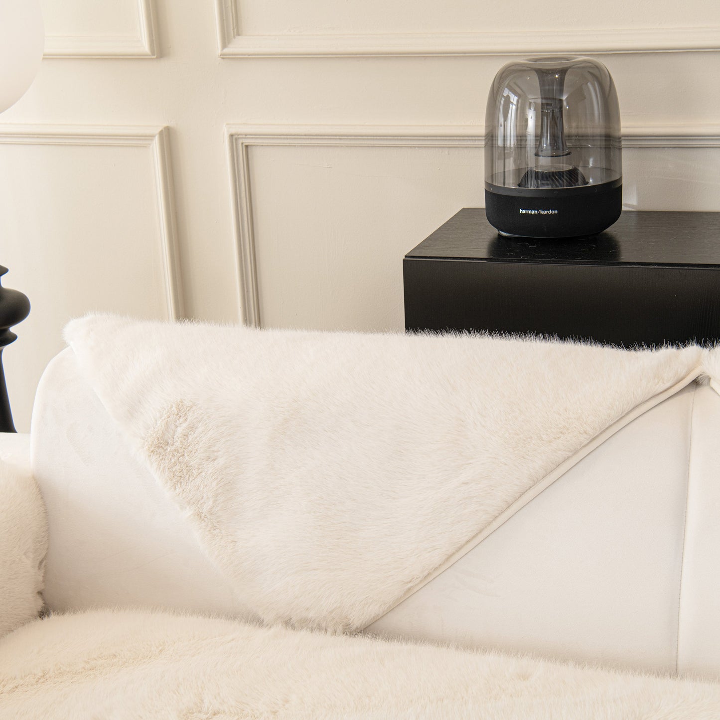 Faux Mink Velvet Luxury Fluffy Sofa Cushion, Winter Warm Thick Plush Non-slip Sofa Covers on white couch with speaker