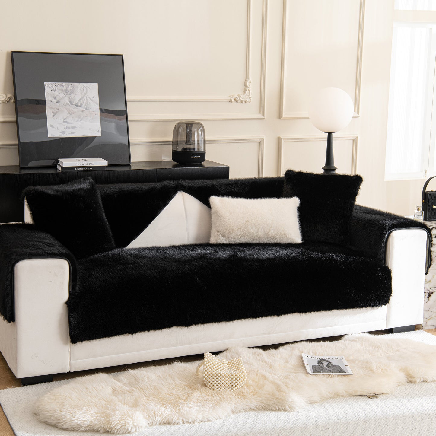 Black and white sofa with Faux Mink Velvet Luxury Fluffy Sofa Cushion, Winter Warm Thick Plush Non-slip Sofa Covers