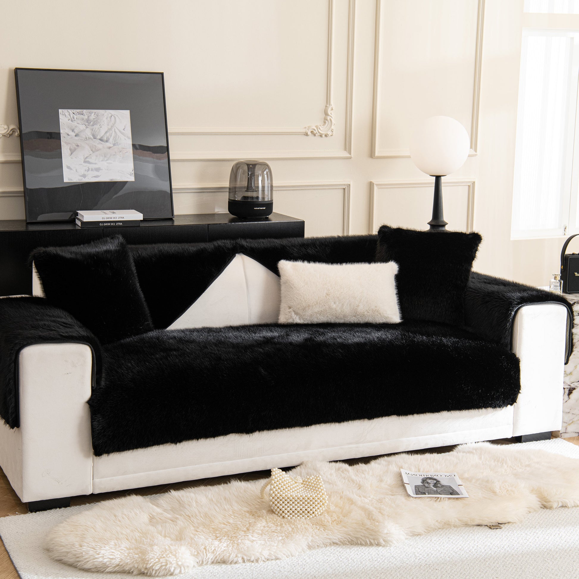 Black and white sofa with Faux Mink Velvet Luxury Fluffy Sofa Cushion, Winter Warm Thick Plush Non-slip Sofa Covers