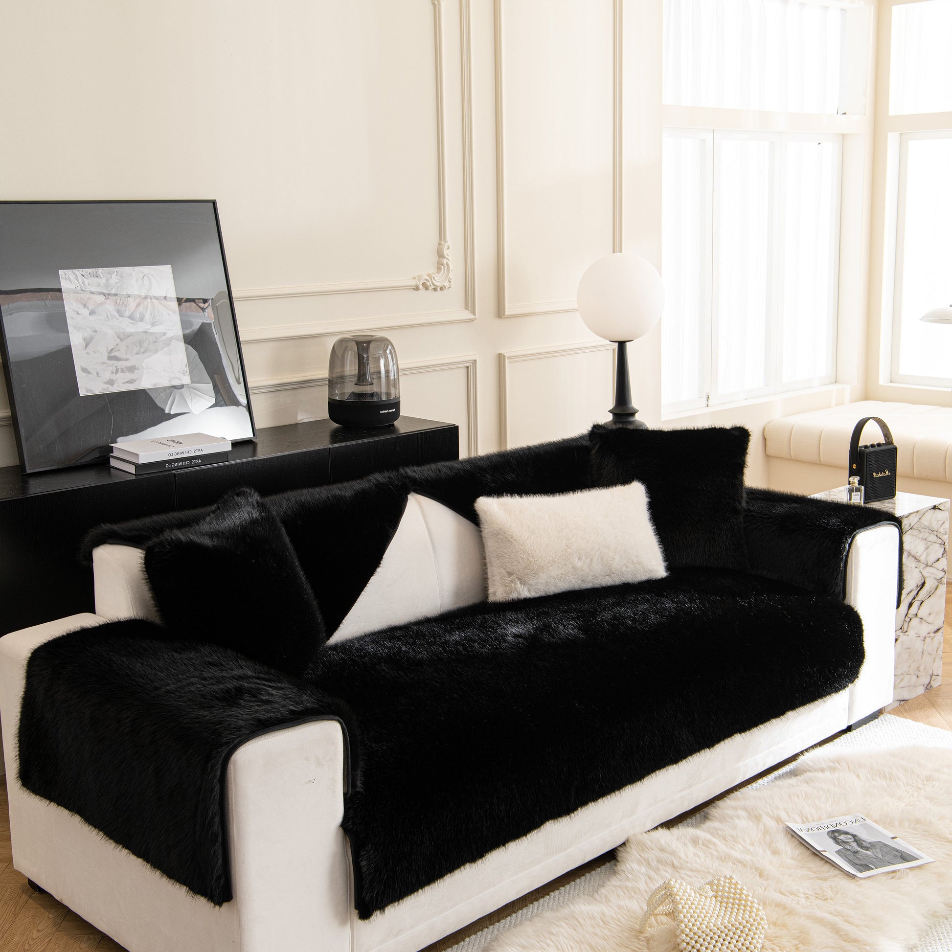Faux Mink Velvet Luxury Fluffy Sofa Cushion, Winter Warm Thick Plush Non-slip Sofa Covers on black and white sofa.