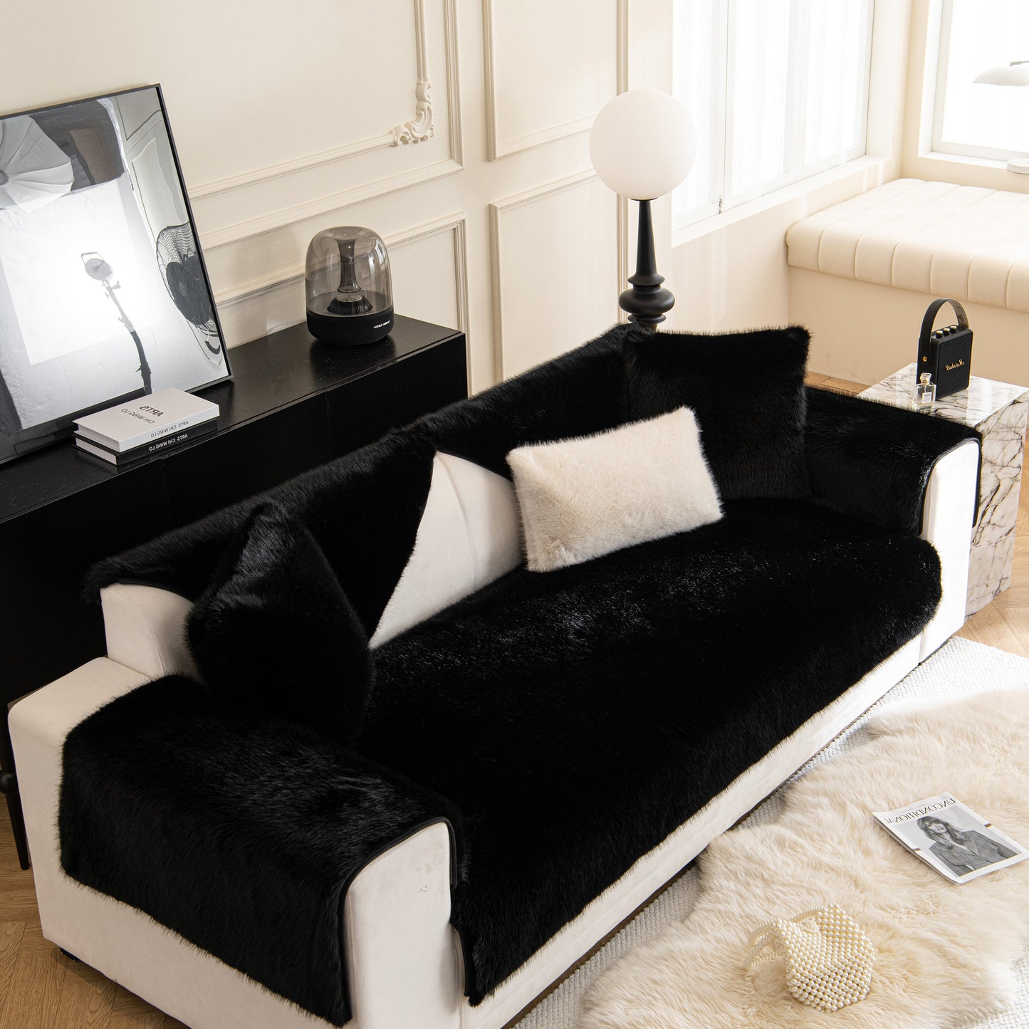 Faux Mink Velvet Luxury Fluffy Sofa Cushion, Winter Warm Thick Plush Non-slip Sofa Covers on stylish modern sofa